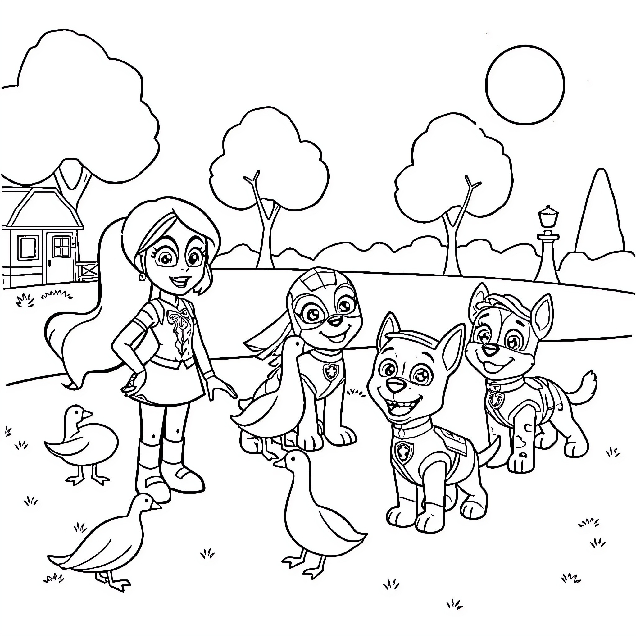 Bluey and her friends explore the outdoors Coloring Page (free black-and-white line drawing printable PDF for all, from beginners to advanced learners, including children, teens, adults, and seniors)