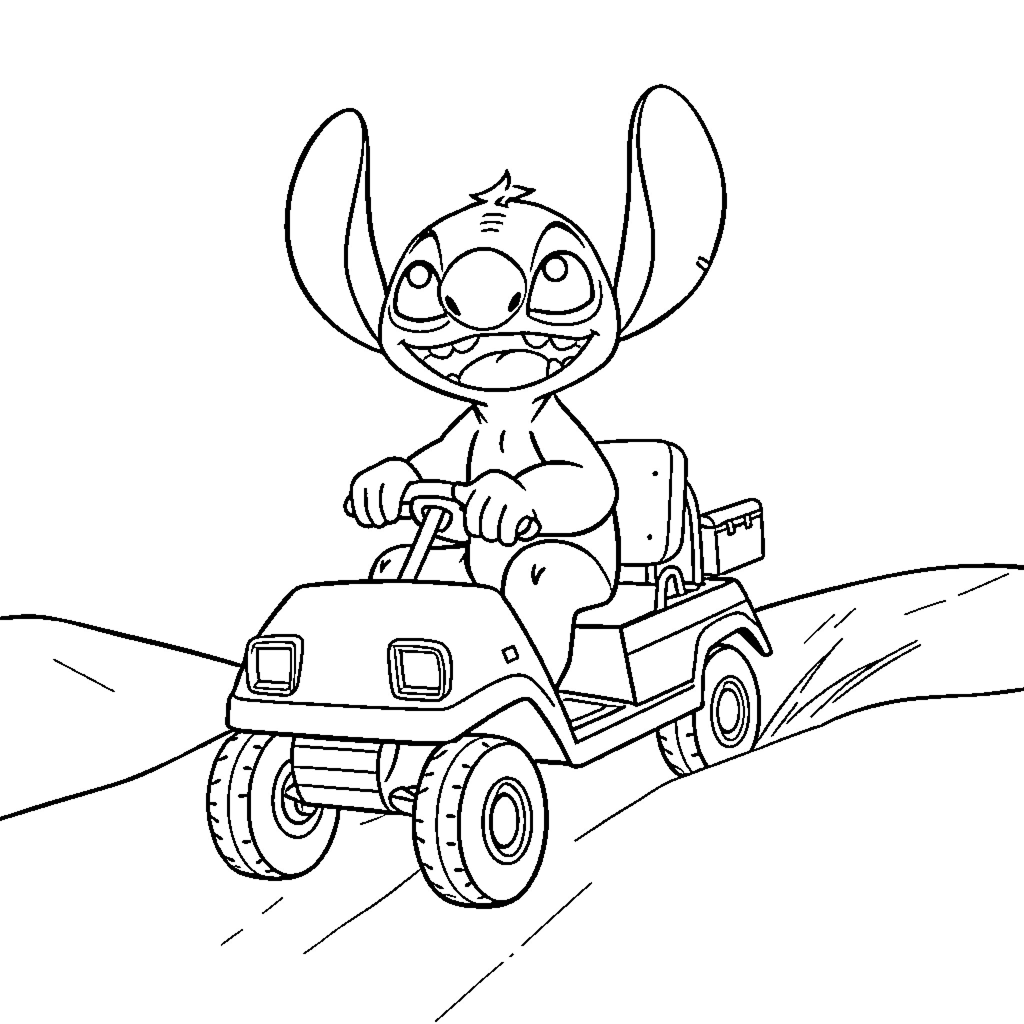 Stitch driving an off-road vehicle Coloring Page (free black-and-white line drawing printable PDF for all, from beginners to advanced learners, including children, teens, adults, and seniors)
