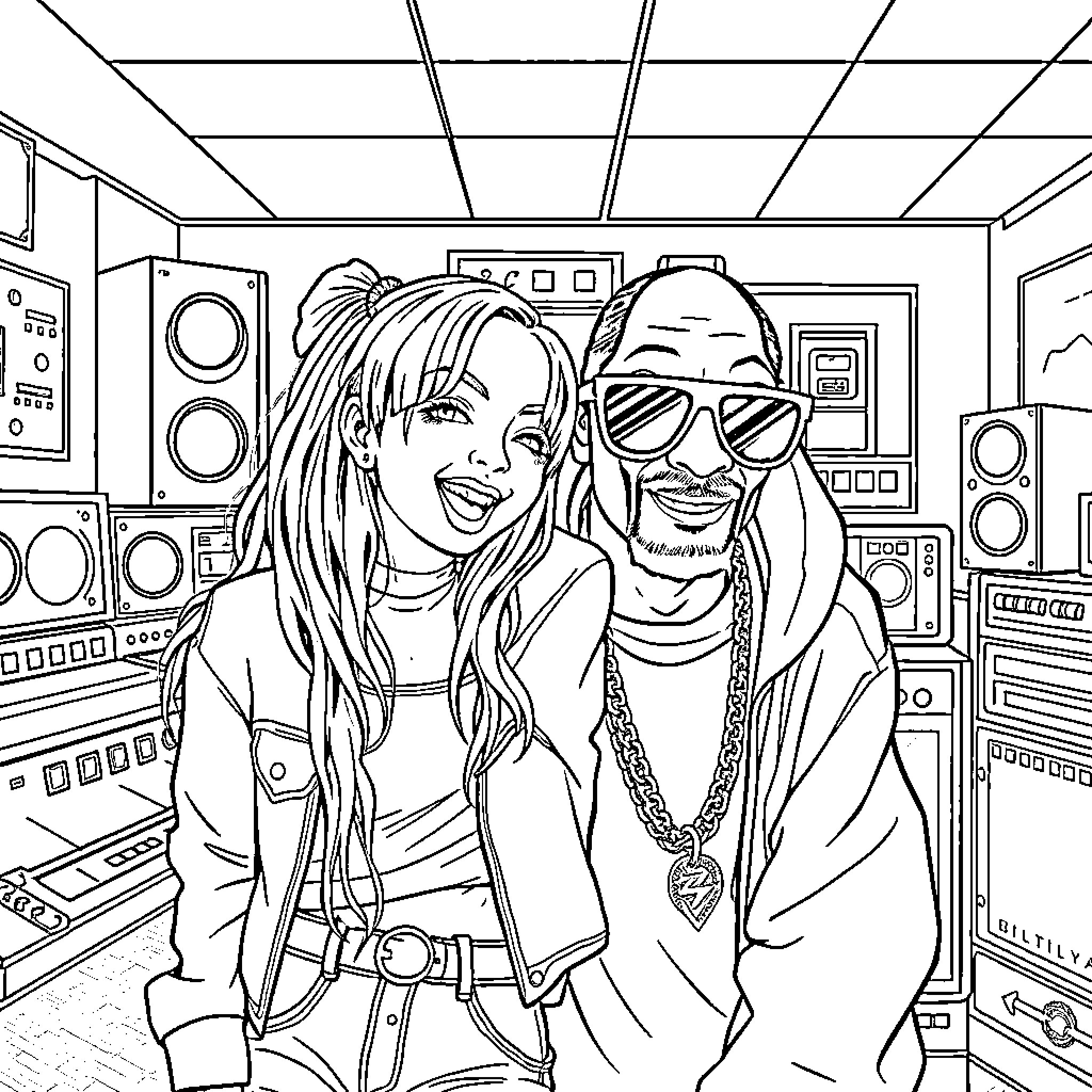 Billie Eilish and friend enjoying music in studio Coloring Page (free black-and-white line drawing printable PDF for all, from beginners to advanced learners, including children, teens, adults, and seniors)