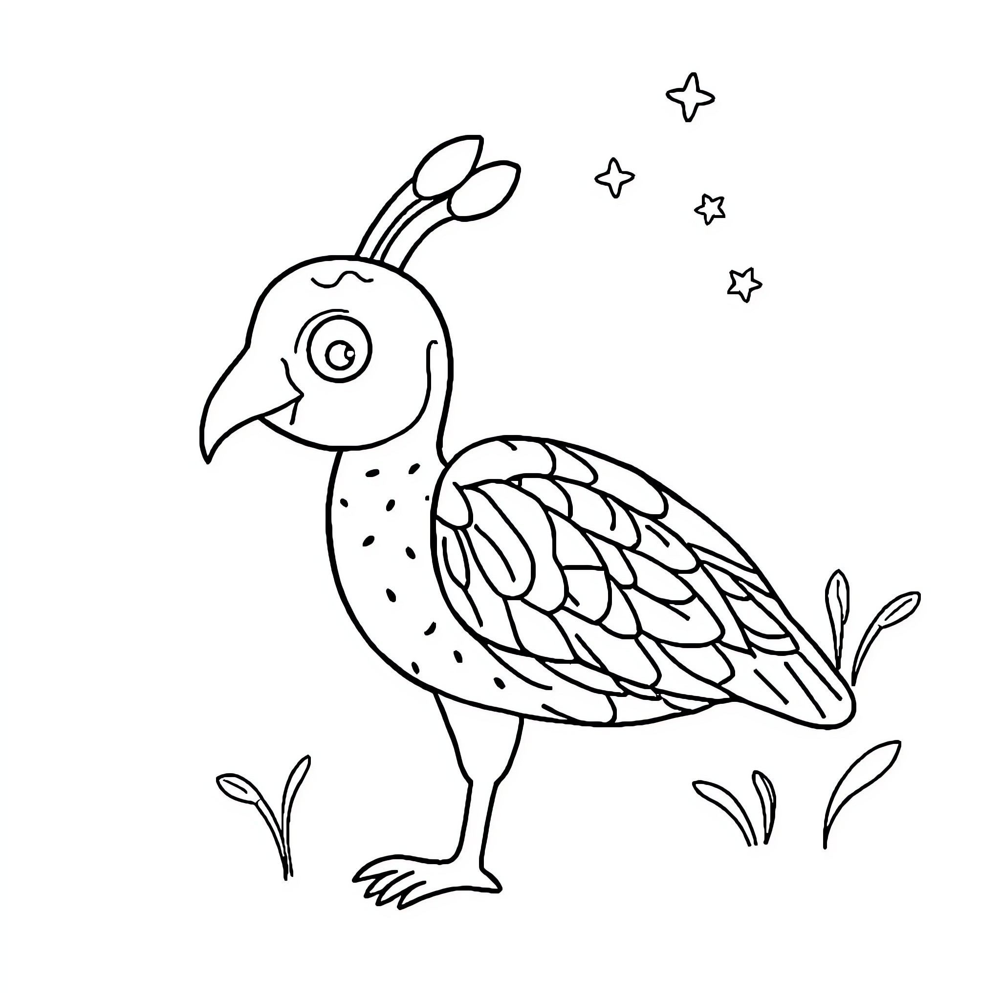 Kids' Imaginary Bird with Whimsical Details Coloring Page (free black-and-white line drawing printable PDF for all, from beginners to advanced learners, including children, teens, adults, and seniors)