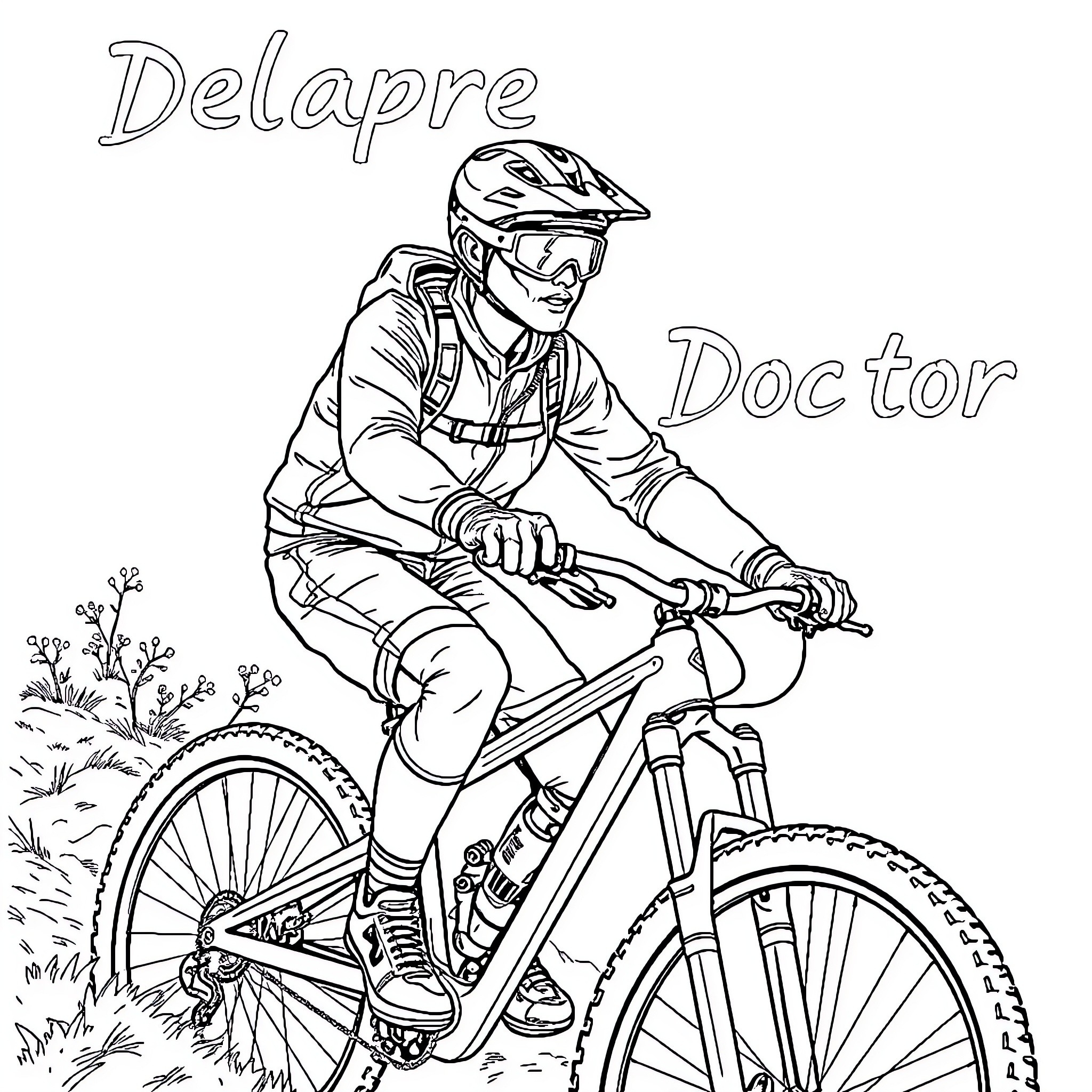 Biker doctor riding on mountain trail Coloring Page (free black-and-white line drawing printable PDF for all, from beginners to advanced learners, including children, teens, adults, and seniors)