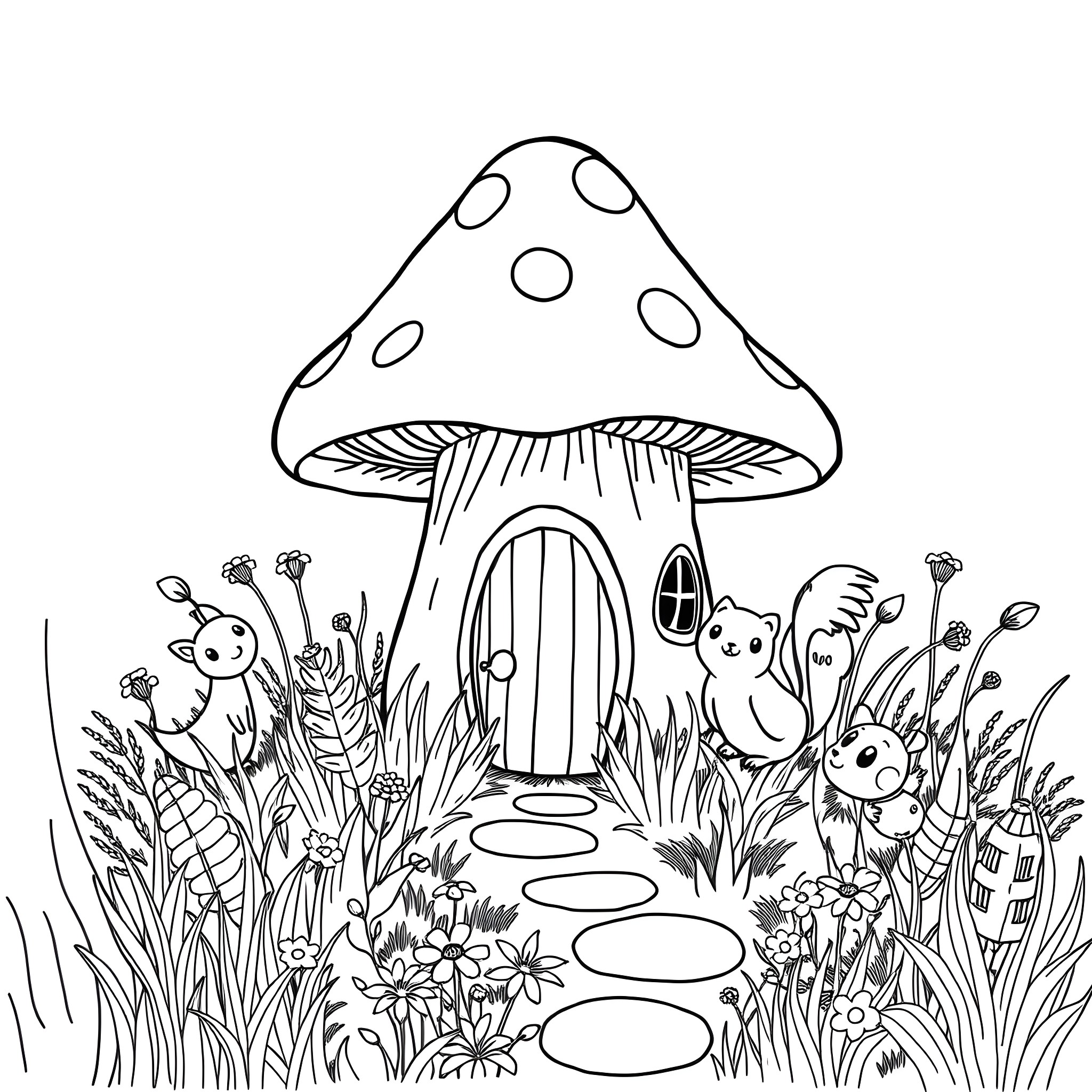 Mushroom house with playful creatures in the forest Coloring Page (free black-and-white line drawing printable PDF for all, from beginners to advanced learners, including children, teens, adults, and seniors)
