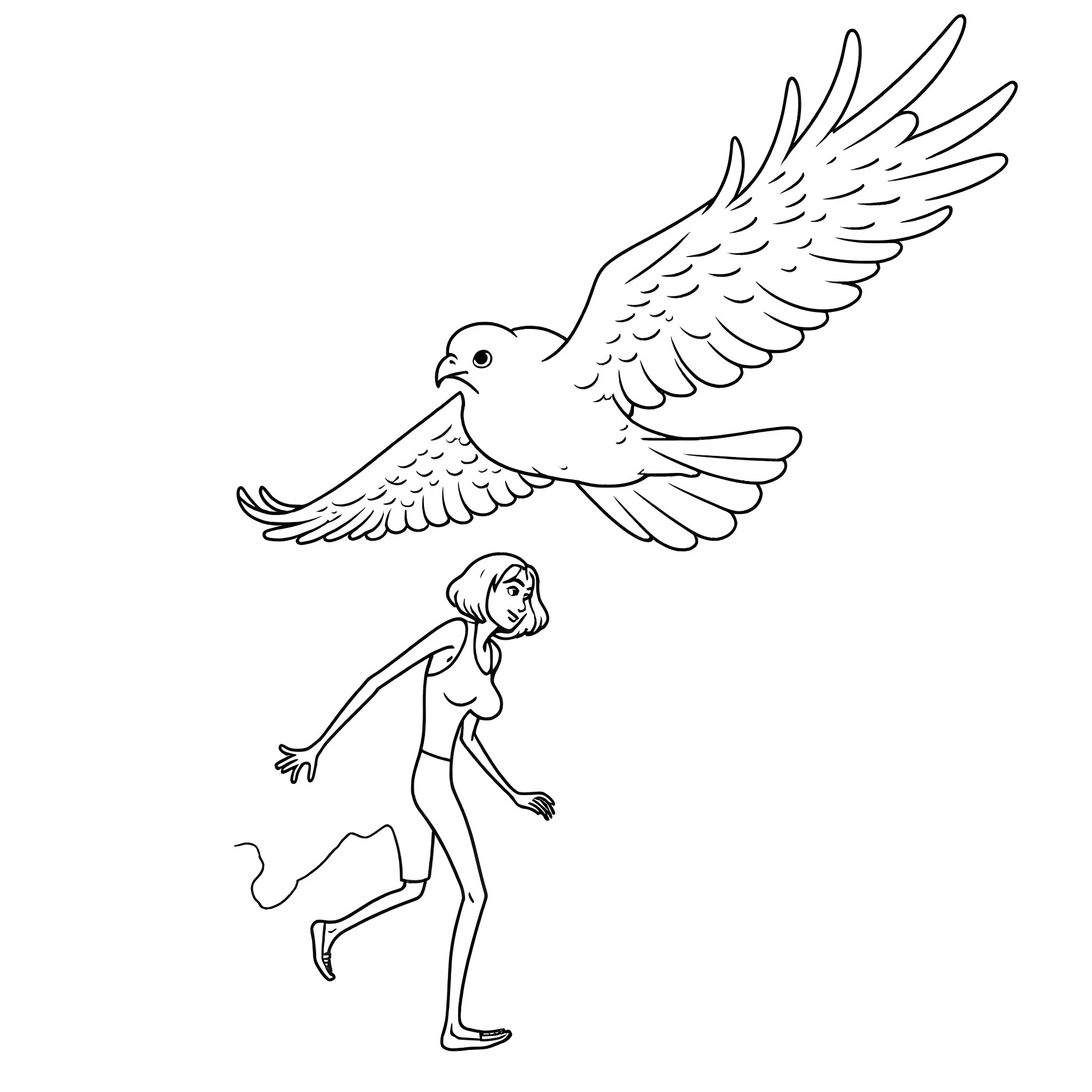 Woman running with large bird in flight Coloring Page (free black-and-white line drawing printable PDF for all, from beginners to advanced learners, including children, teens, adults, and seniors)