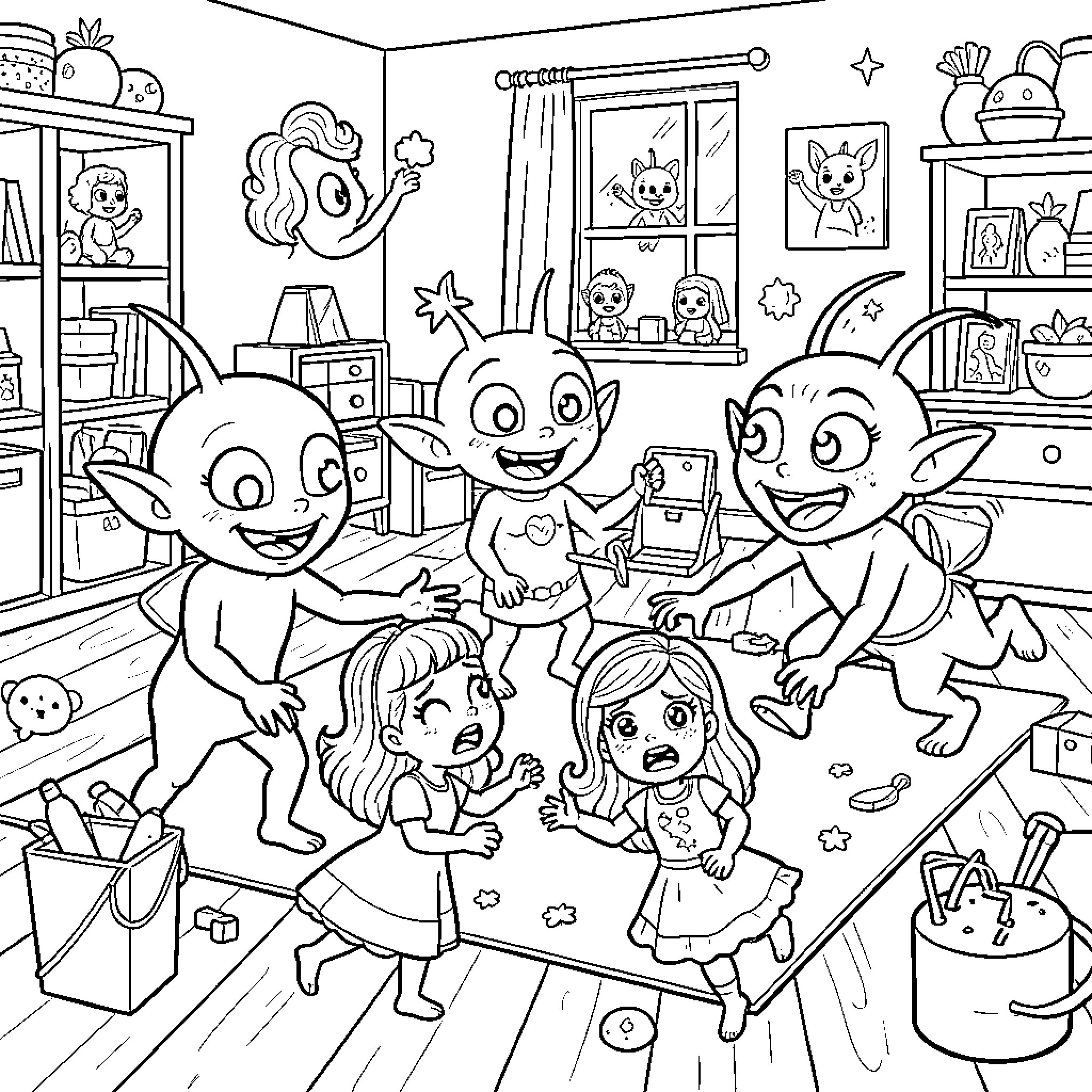 Alien Creatures Celebrate with Children in Whimsical Room Coloring Page (free black-and-white line drawing printable PDF for all, from beginners to advanced learners, including children, teens, adults, and seniors)