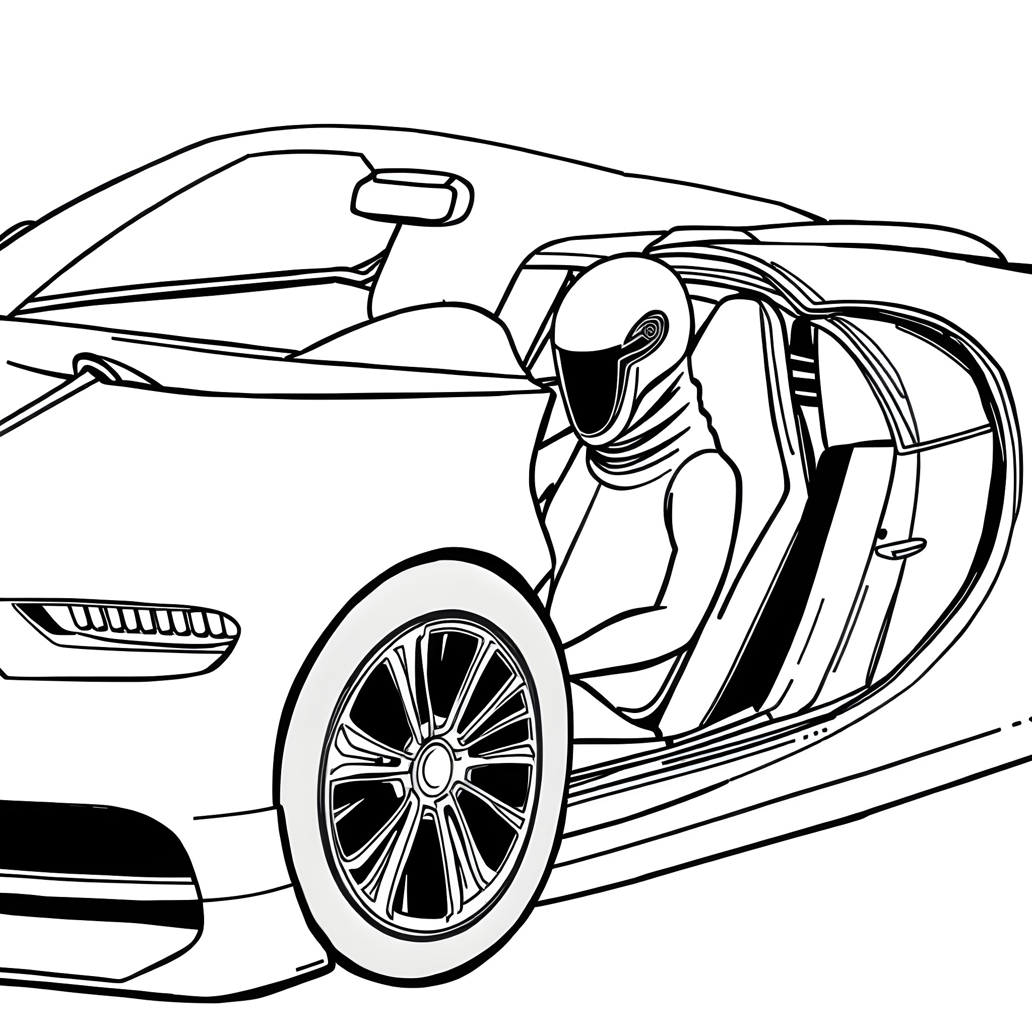 Enderman driving a futuristic sports car Coloring Page (free black-and-white line drawing printable PDF for all, from beginners to advanced learners, including children, teens, adults, and seniors)