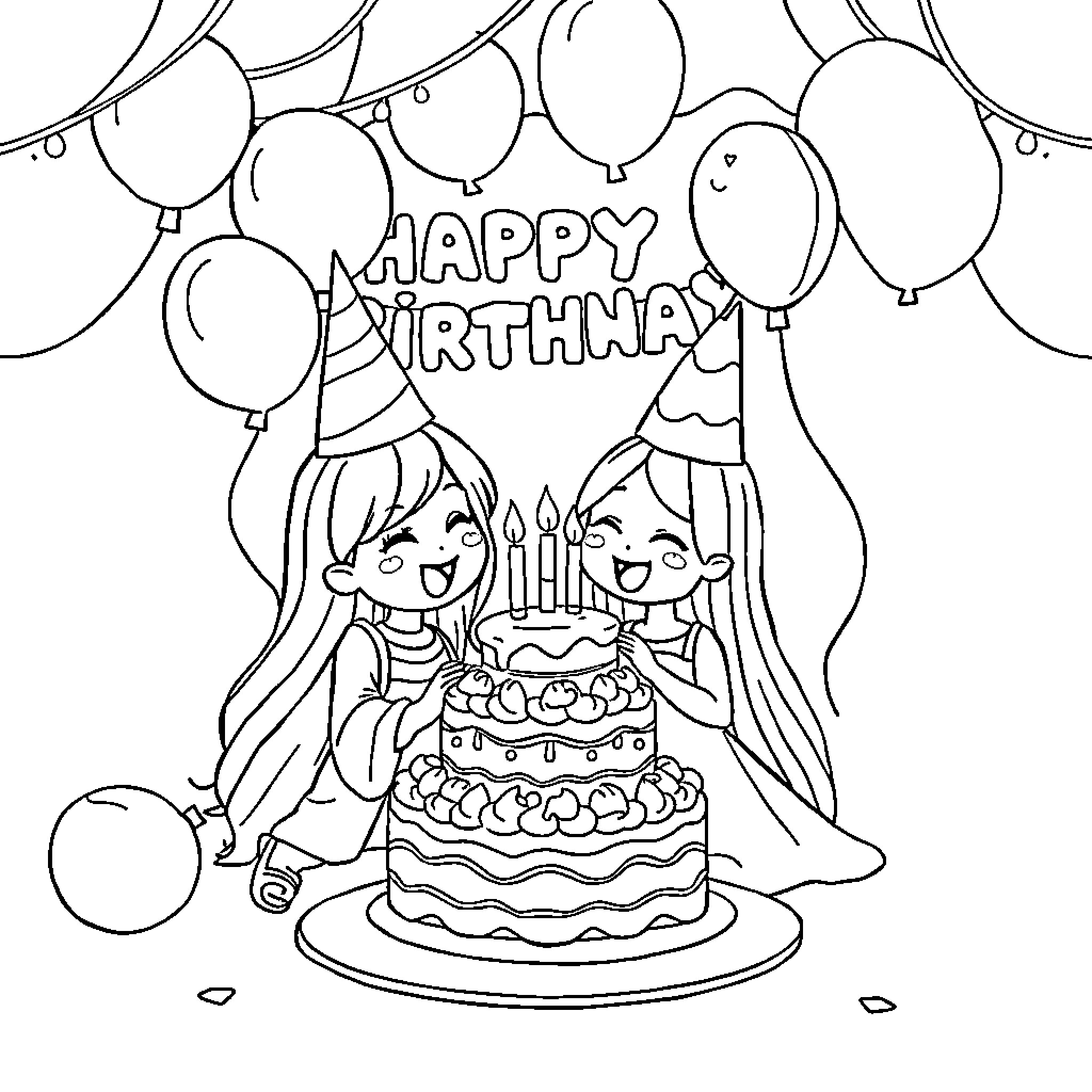 Rumi's Happy Birthday Celebration with Balloons and Cake Coloring Page (free black-and-white line drawing printable PDF for all, from beginners to advanced learners, including children, teens, adults, and seniors)