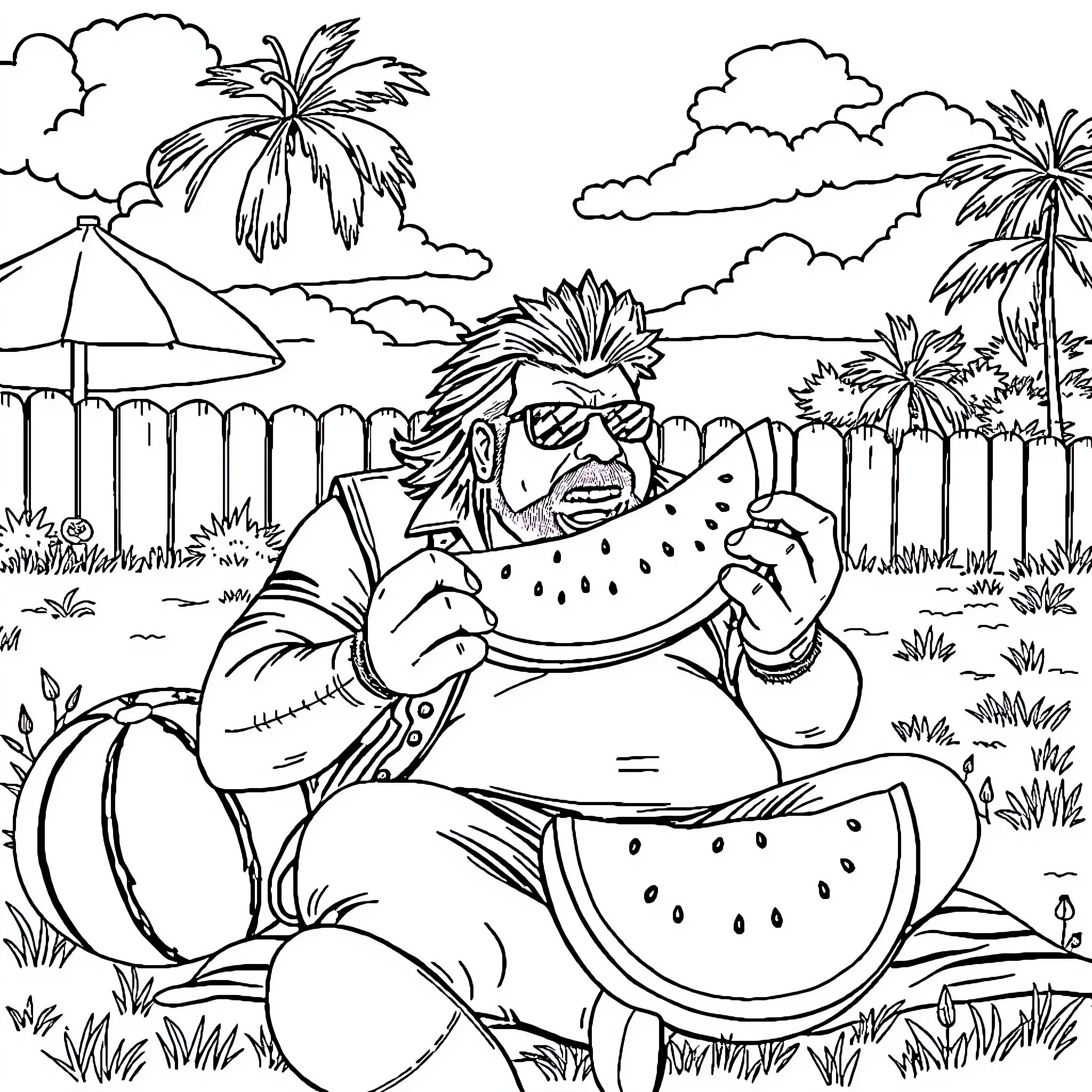 Glen Danzig enjoying watermelon in a tropical paradise Coloring Page (free black-and-white line drawing printable PDF for all, from beginners to advanced learners, including children, teens, adults, and seniors)