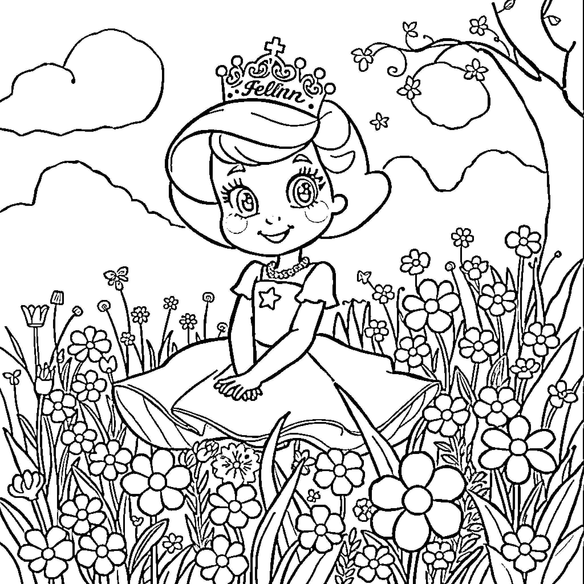 Princess Poppy enjoying the flowery meadow Coloring Page (free black-and-white line drawing printable PDF for all, from beginners to advanced learners, including children, teens, adults, and seniors)