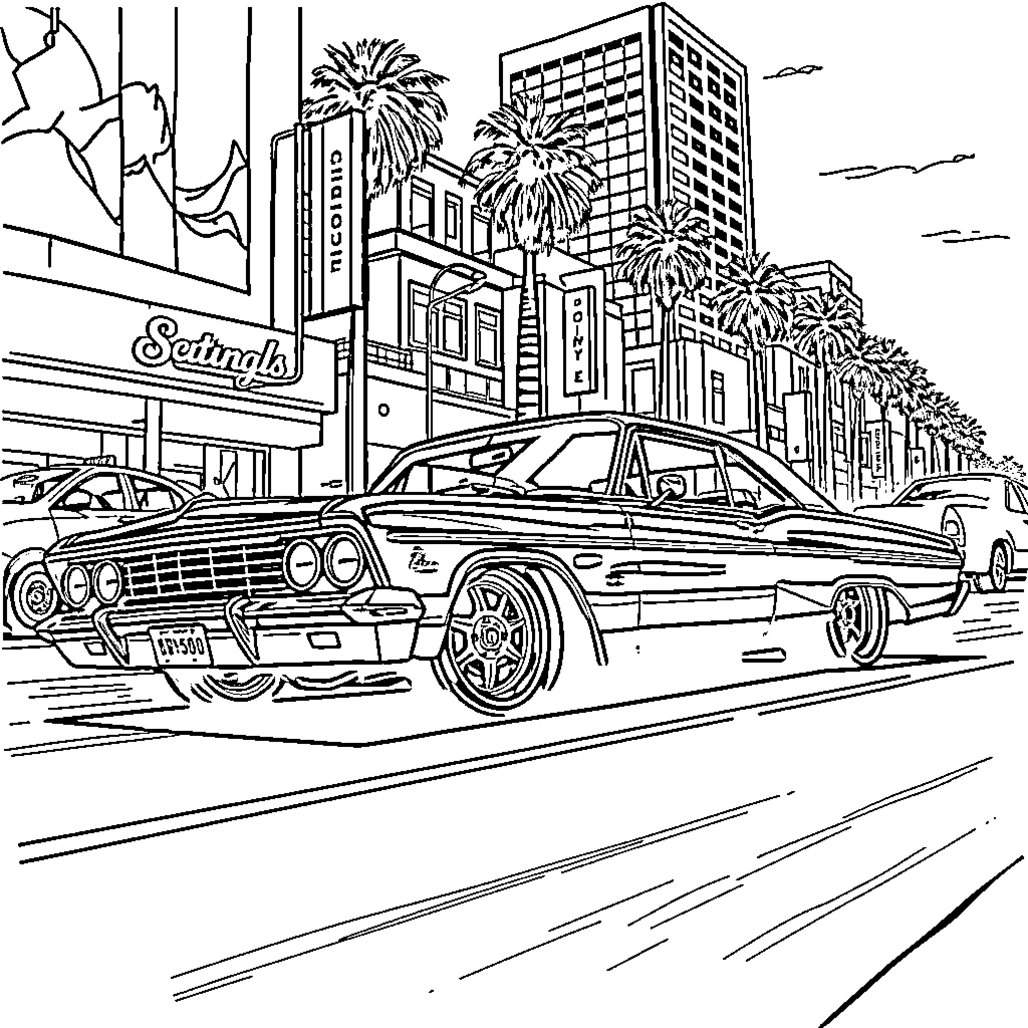 Lowrider cruising through downtown cityscape Coloring Page (free black-and-white line drawing printable PDF for all, from beginners to advanced learners, including children, teens, adults, and seniors)