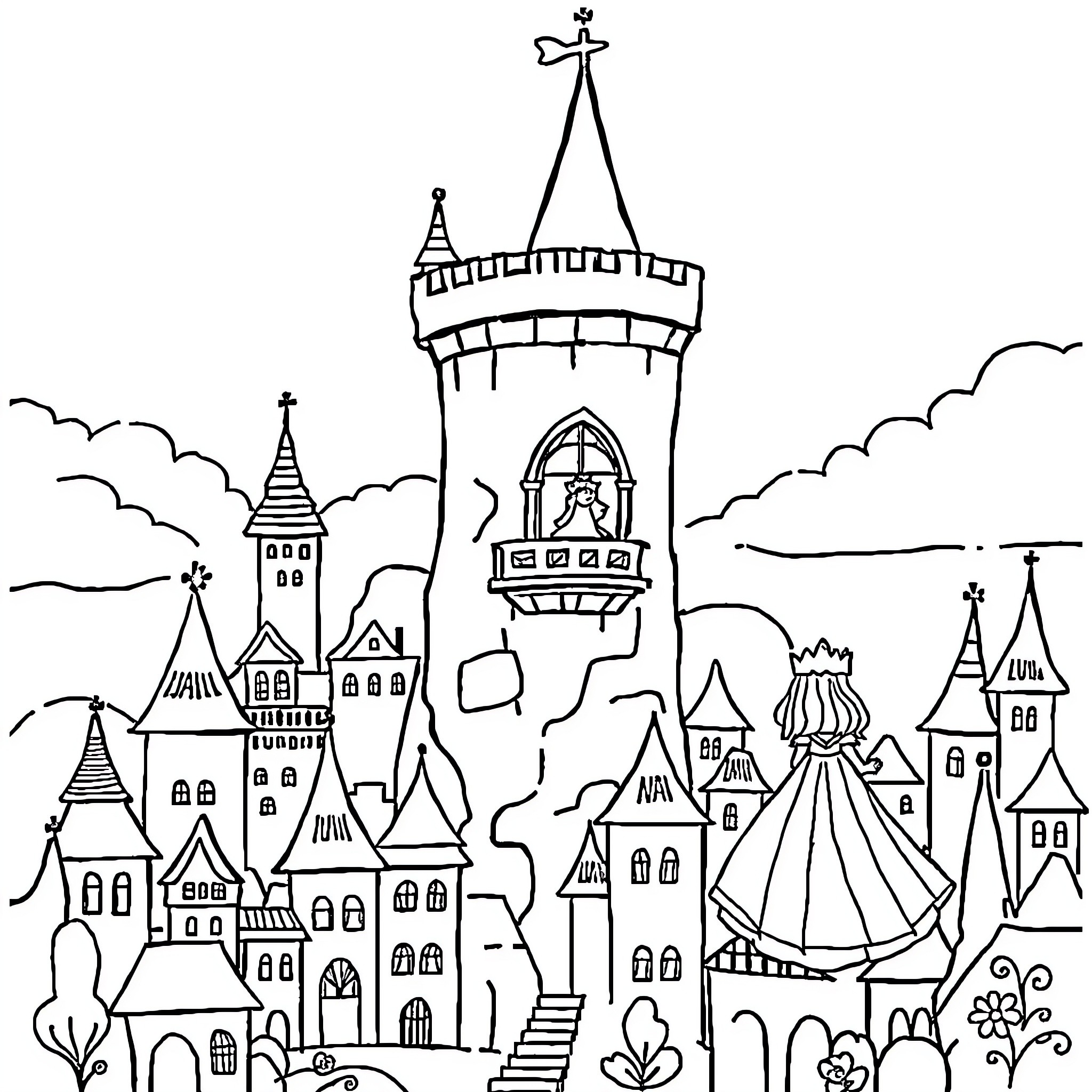 Princess exploring the magical medieval castle Coloring Page (free black-and-white line drawing printable PDF for all, from beginners to advanced learners, including children, teens, adults, and seniors)