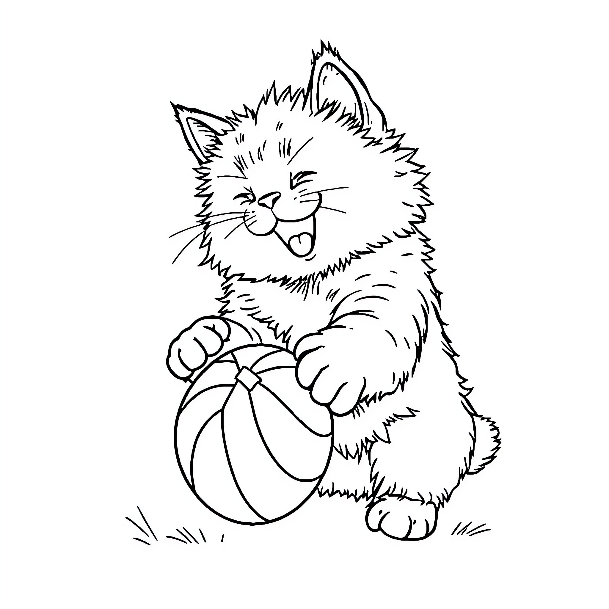 Cat playing with ball Coloring Page (free black-and-white line drawing printable PDF for all, from beginners to advanced learners, including children, teens, adults, and seniors)
