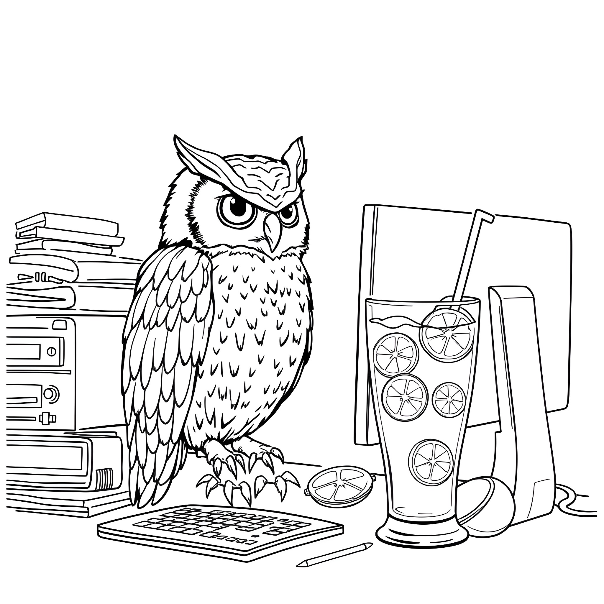 Owl with books and drink in study area Coloring Page (free black-and-white line drawing printable PDF for all, from beginners to advanced learners, including children, teens, adults, and seniors)