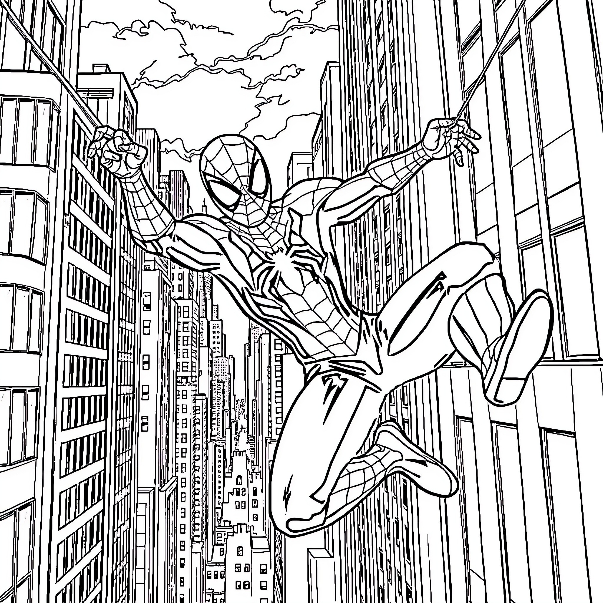 Spider-Man swinging through the city skyline Coloring Page (free black-and-white line drawing printable PDF for all, from beginners to advanced learners, including children, teens, adults, and seniors)