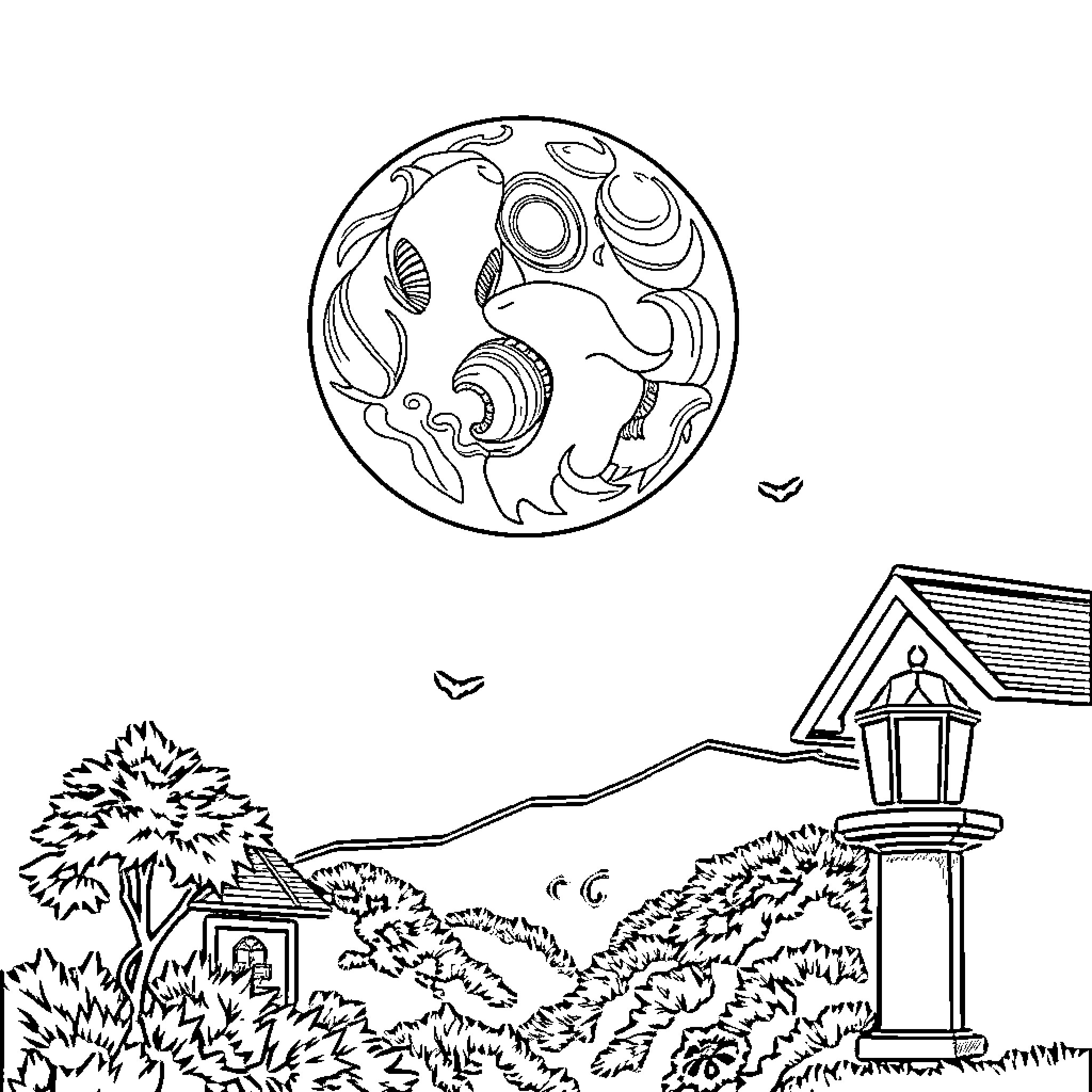 Jerapah exploring the enchanting moonlit garden Coloring Page (free black-and-white line drawing printable PDF for all, from beginners to advanced learners, including children, teens, adults, and seniors)