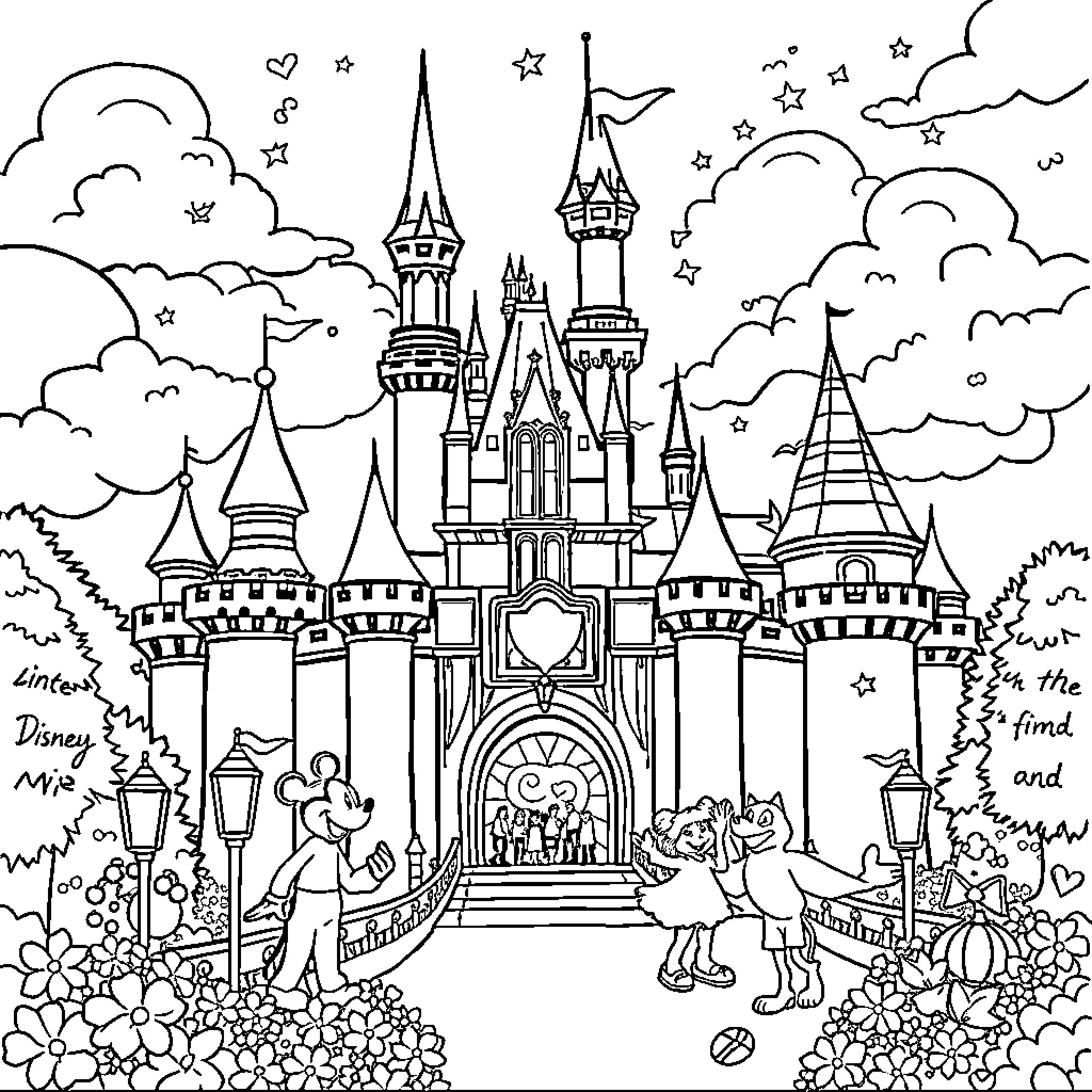 Disney characters exploring the magical castle landscape Coloring Page (free black-and-white line drawing printable PDF for all, from beginners to advanced learners, including children, teens, adults, and seniors)