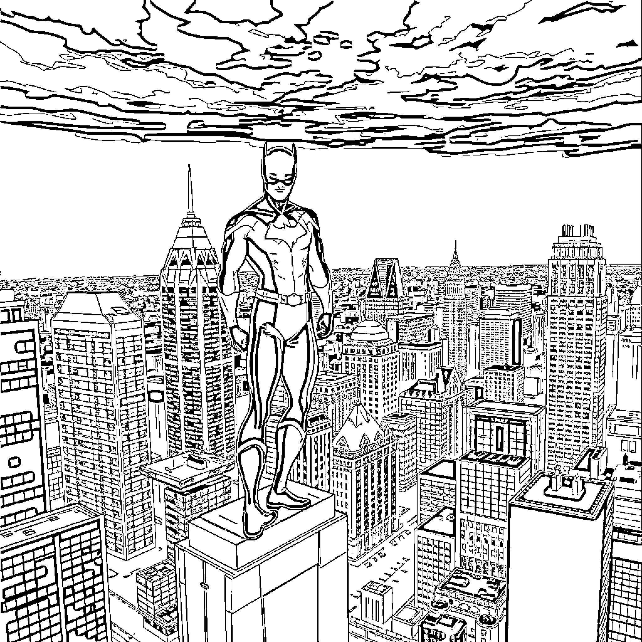 Nightwing overlooking the cityscape at night Coloring Page (free black-and-white line drawing printable PDF for all, from beginners to advanced learners, including children, teens, adults, and seniors)