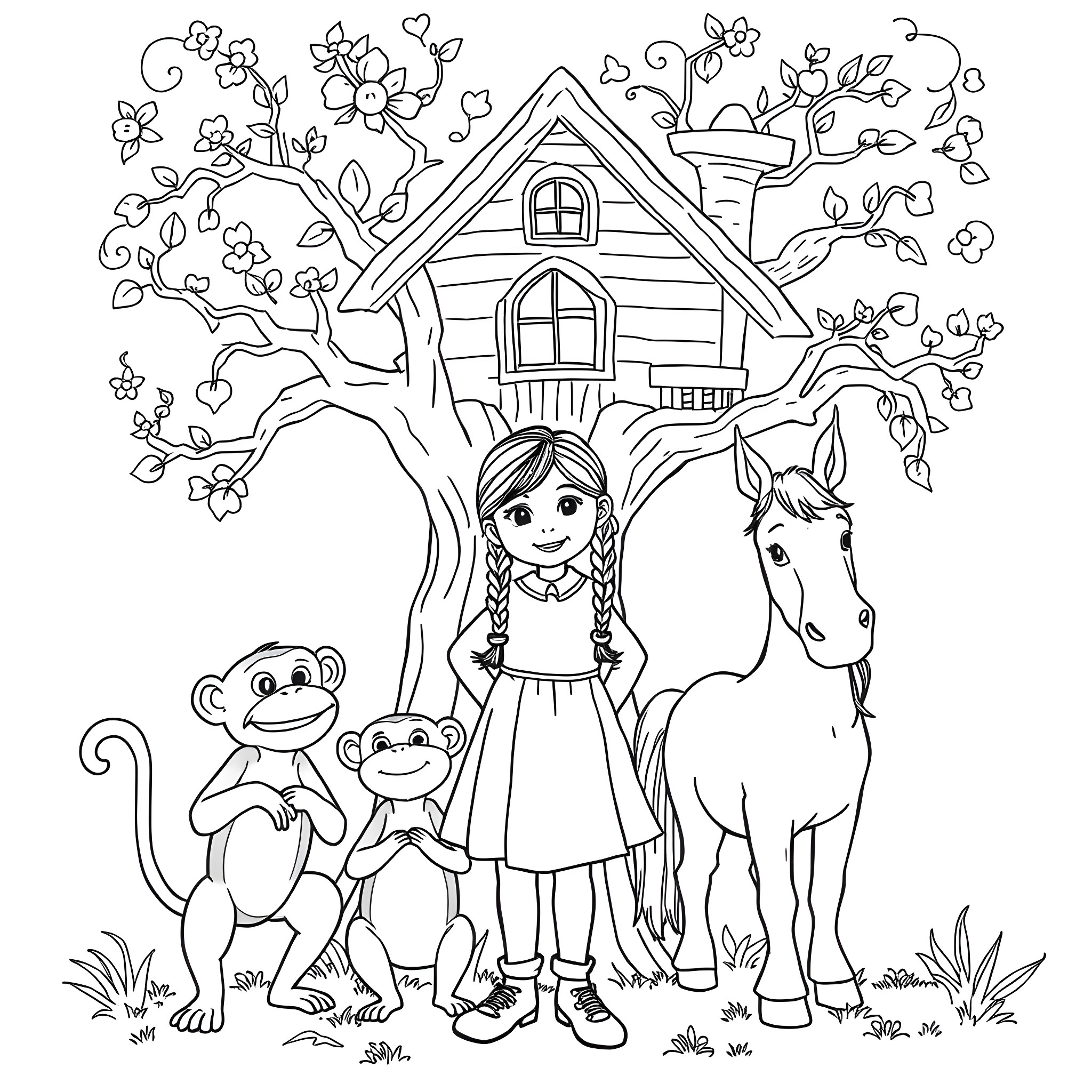 Pippi's Whimsical Cottage with Animal Friends Coloring Page (free black-and-white line drawing printable PDF for all, from beginners to advanced learners, including children, teens, adults, and seniors)