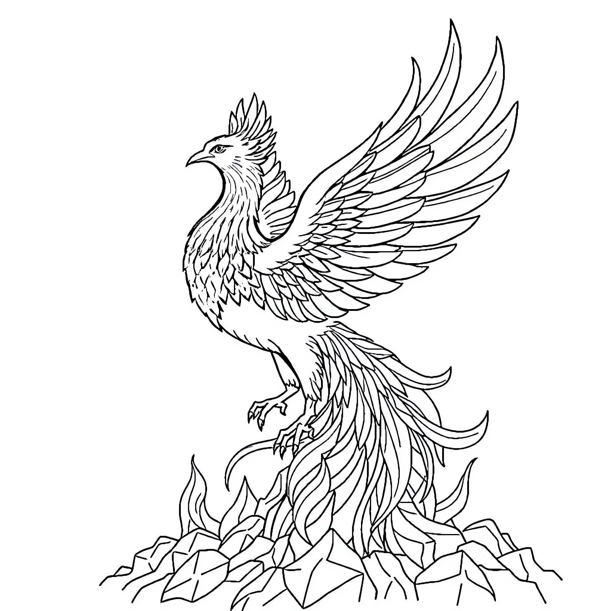 Phoenix rising from the ashes Coloring Page (free black-and-white line drawing printable PDF for all, from beginners to advanced learners, including children, teens, adults, and seniors)