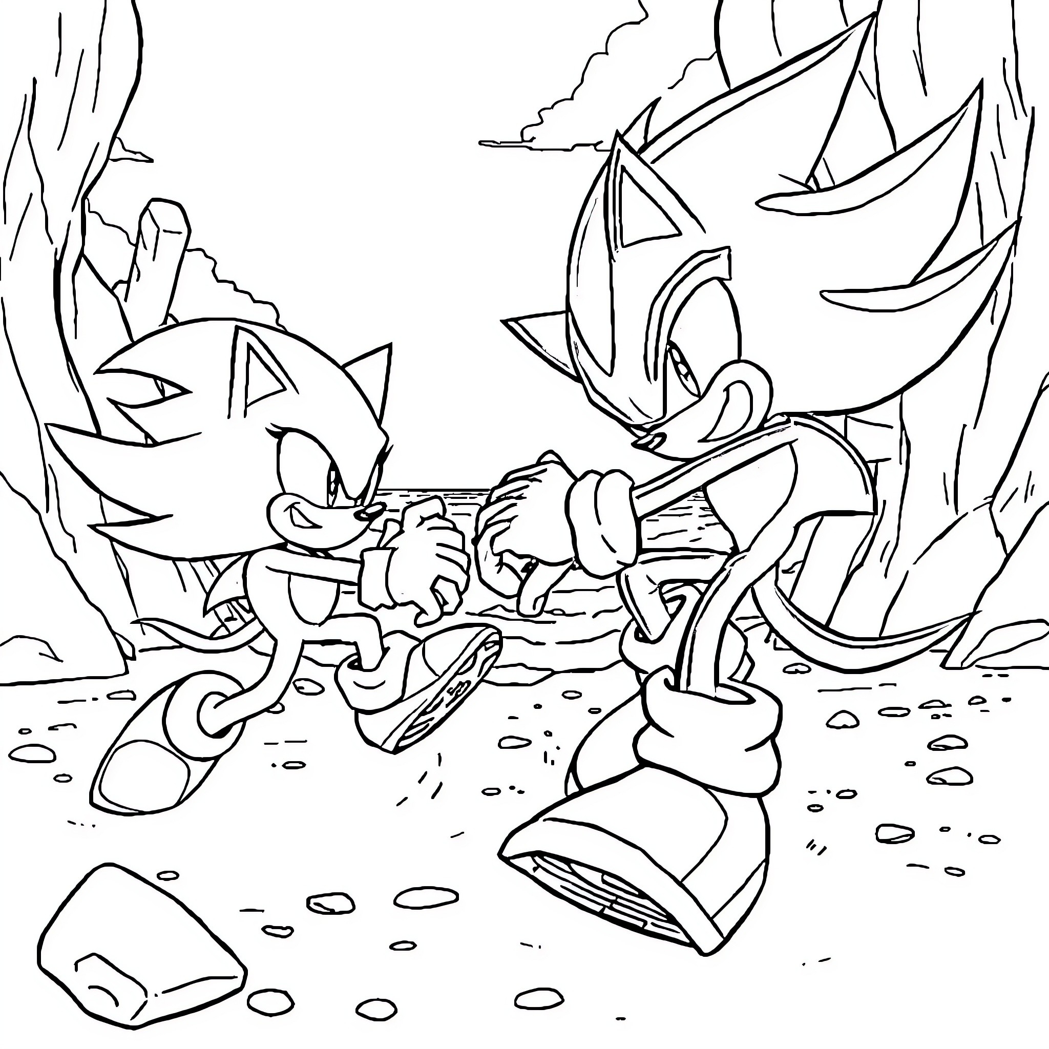 Sonic characters in adventurous outdoor scene Coloring Page (free black-and-white line drawing printable PDF for all, from beginners to advanced learners, including children, teens, adults, and seniors)