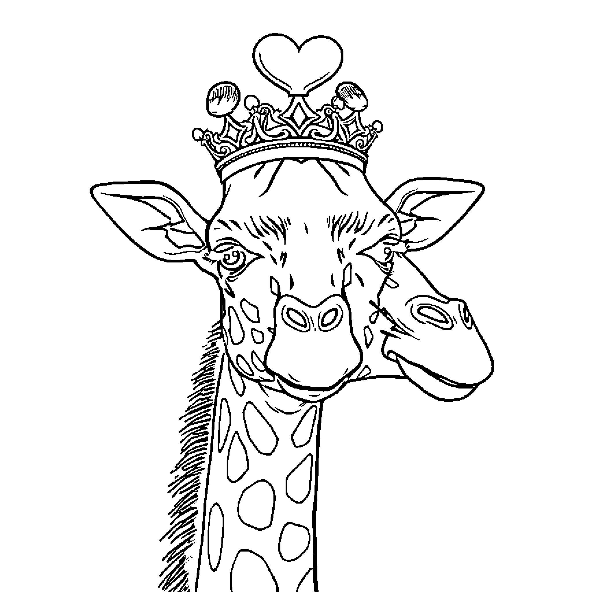 Giraffe wearing a crown with a heart Coloring Page (free black-and-white line drawing printable PDF for all, from beginners to advanced learners, including children, teens, adults, and seniors)