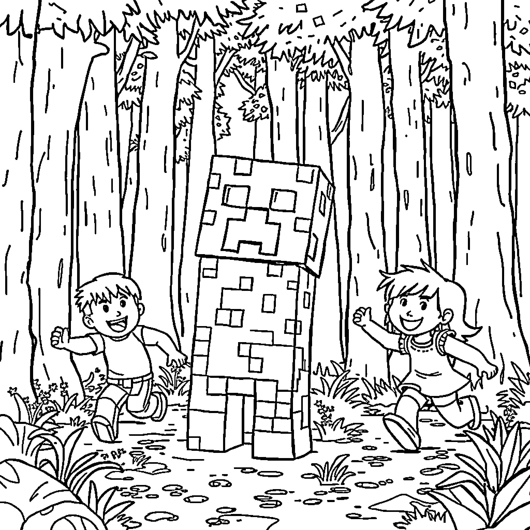 Creeper Encounter in the Enchanted Forest Coloring Page (free black-and-white line drawing printable PDF for all, from beginners to advanced learners, including children, teens, adults, and seniors)