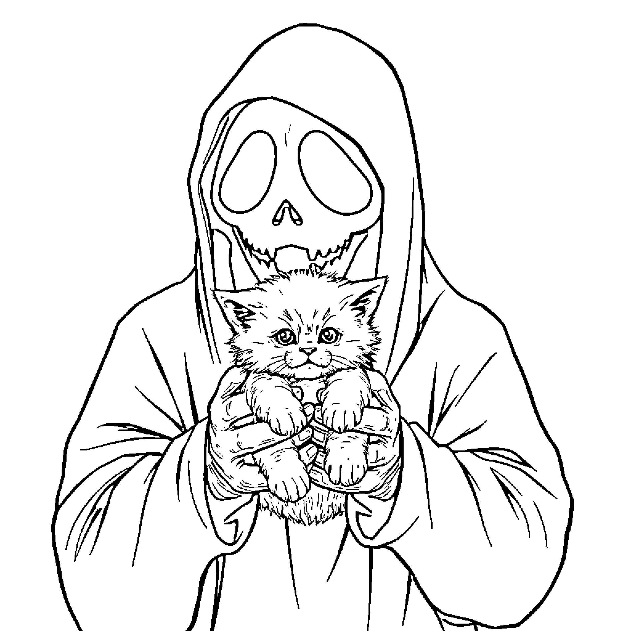 Ghostface character holding a scared kitten Coloring Page (free black-and-white line drawing printable PDF for all, from beginners to advanced learners, including children, teens, adults, and seniors)