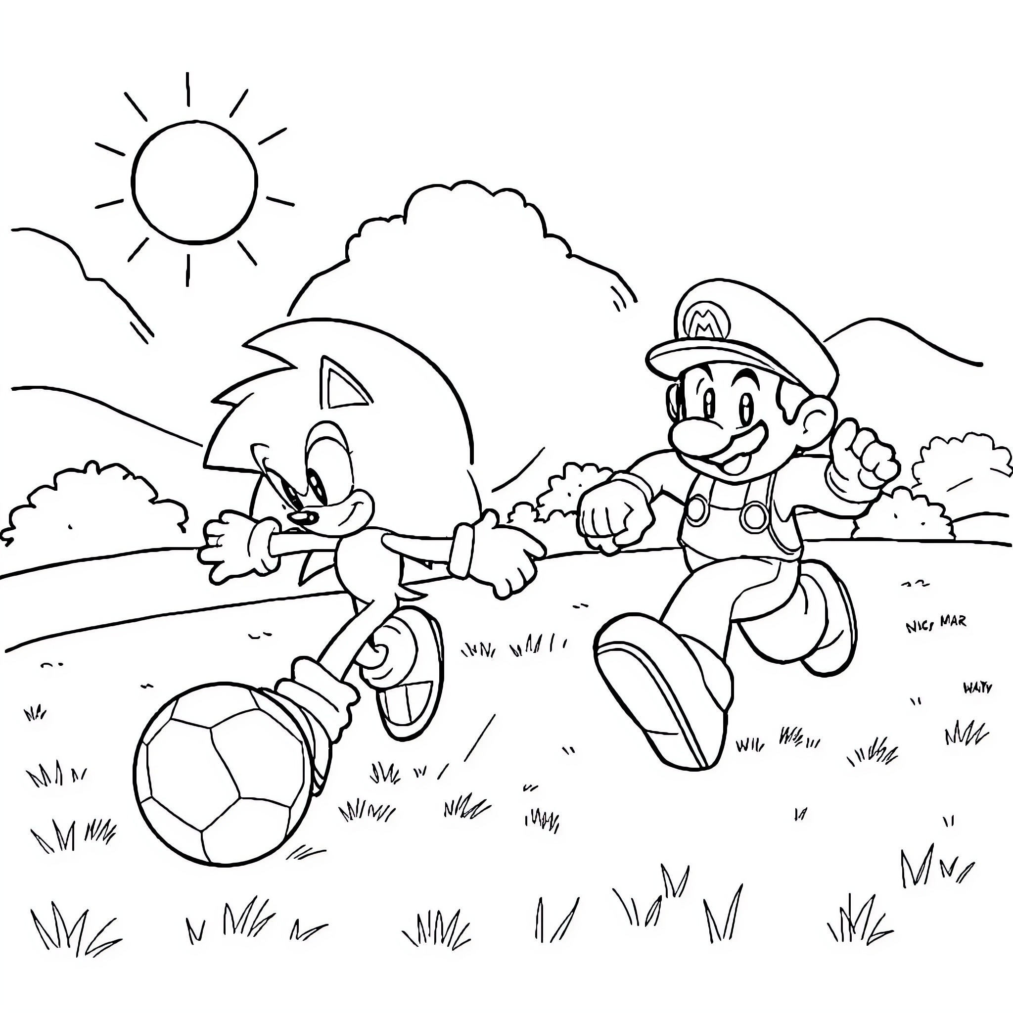 Sonic and Mario playing soccer in the park Coloring Page (free black-and-white line drawing printable PDF for all, from beginners to advanced learners, including children, teens, adults, and seniors)