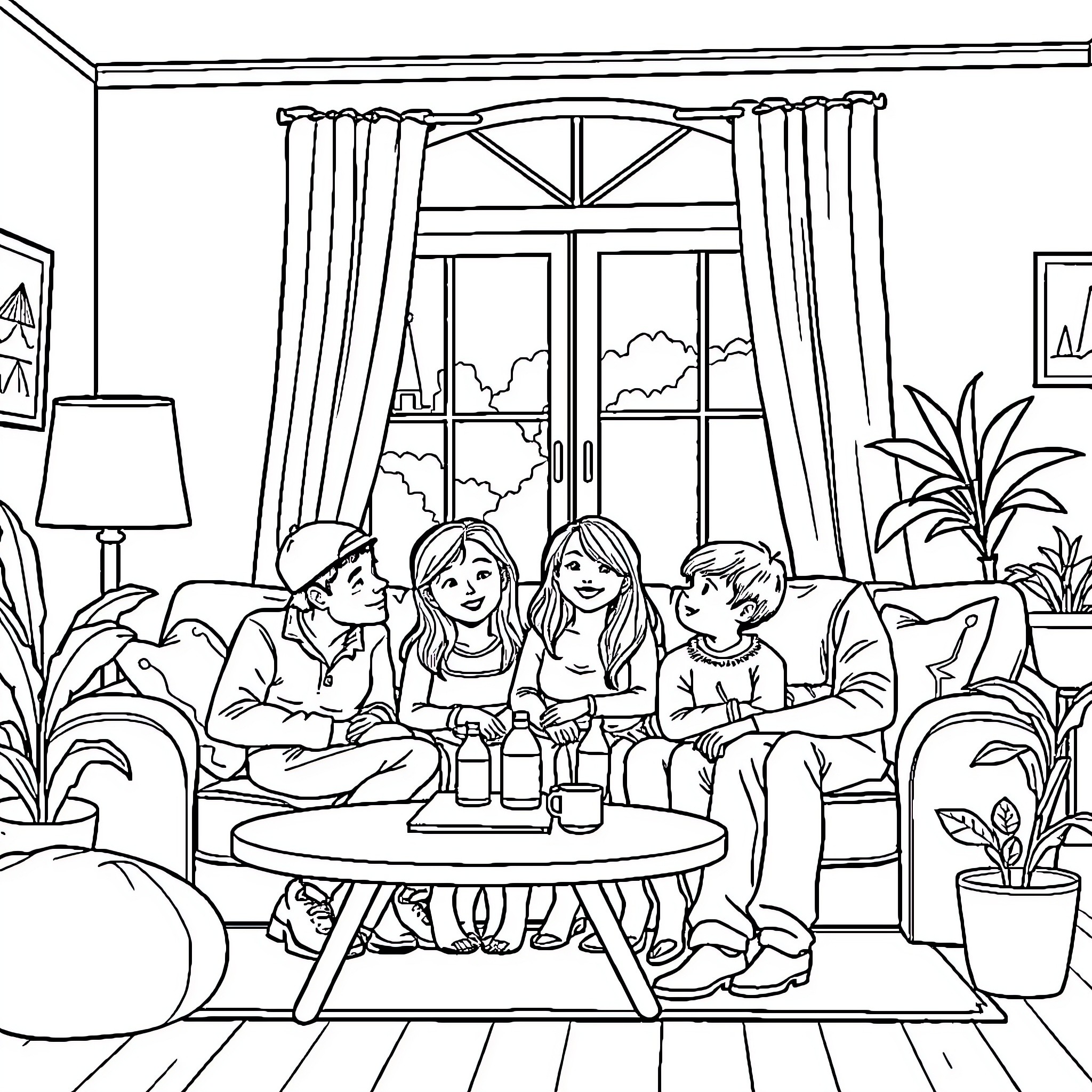 Family Enjoying Time Together in Living Room Coloring Page (free black-and-white line drawing printable PDF for all, from beginners to advanced learners, including children, teens, adults, and seniors)