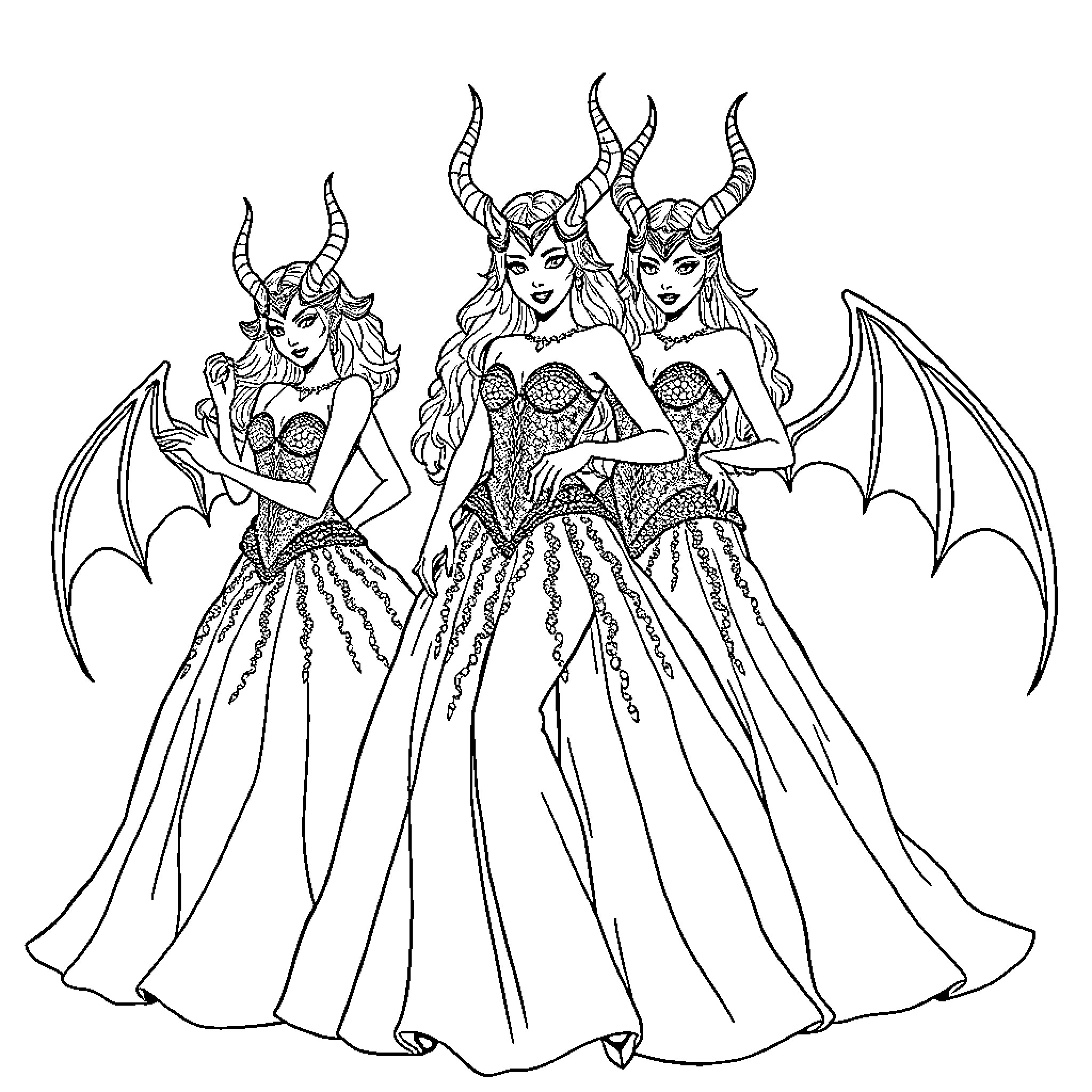 Demon Hunter Trio in Ornate Dresses and Horns Coloring Page (free black-and-white line drawing printable PDF for all, from beginners to advanced learners, including children, teens, adults, and seniors)