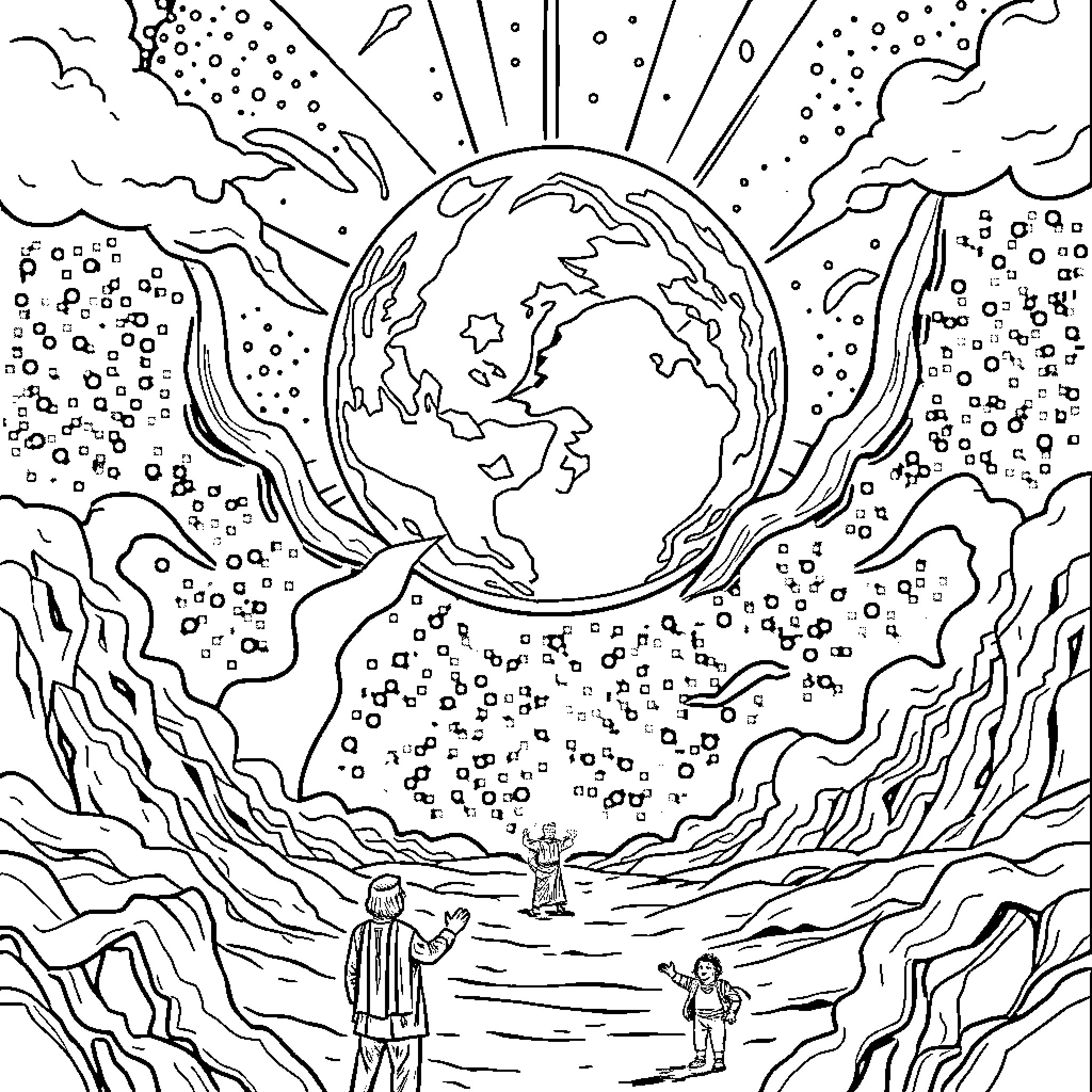 Lord's Command Over the Earth and Heavens Coloring Page (free black-and-white line drawing printable PDF for all, from beginners to advanced learners, including children, teens, adults, and seniors)
