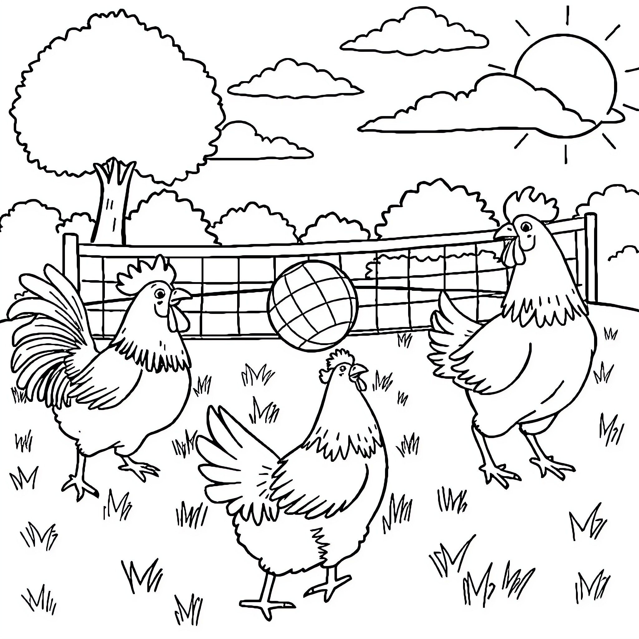 Chickens Playing in a Scenic Outdoor Scene Coloring Page (free black-and-white line drawing printable PDF for all, from beginners to advanced learners, including children, teens, adults, and seniors)