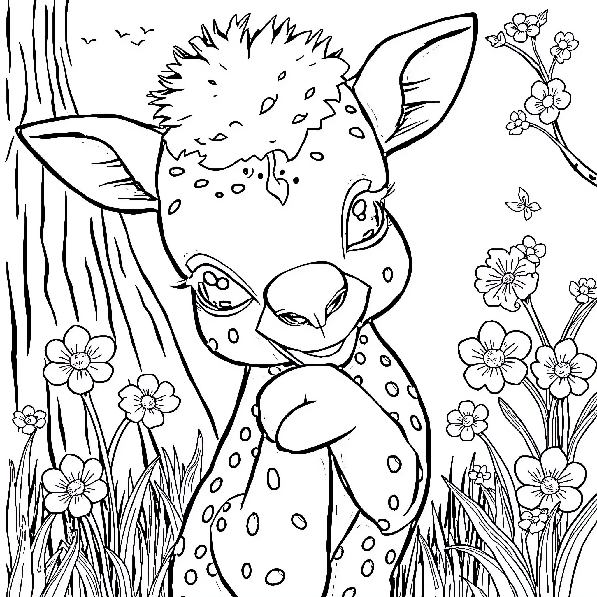Calf in a floral meadow Coloring Page (free black-and-white line drawing printable PDF for all, from beginners to advanced learners, including children, teens, adults, and seniors)