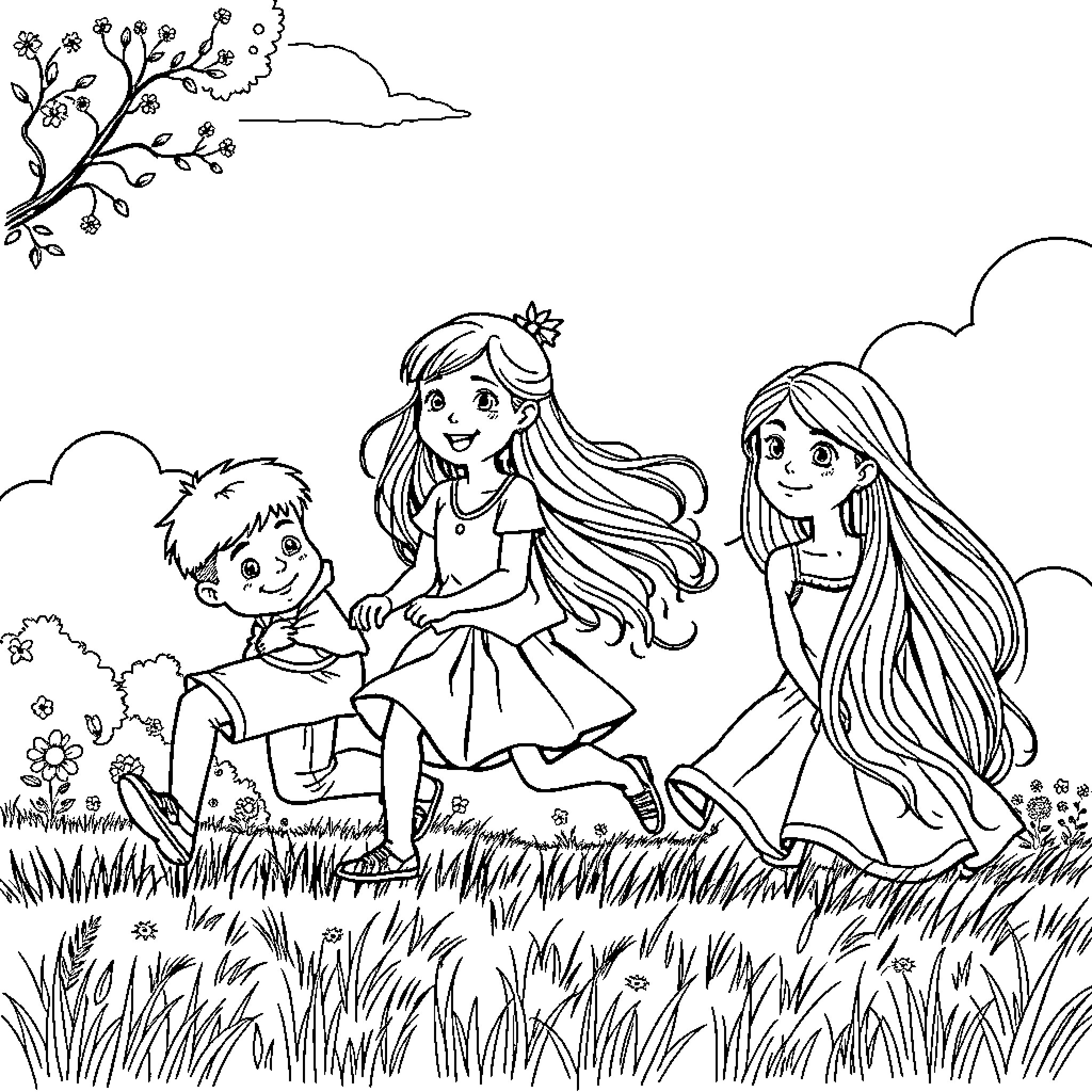 Child friends playing happily in the meadow Coloring Page (free black-and-white line drawing printable PDF for all, from beginners to advanced learners, including children, teens, adults, and seniors)