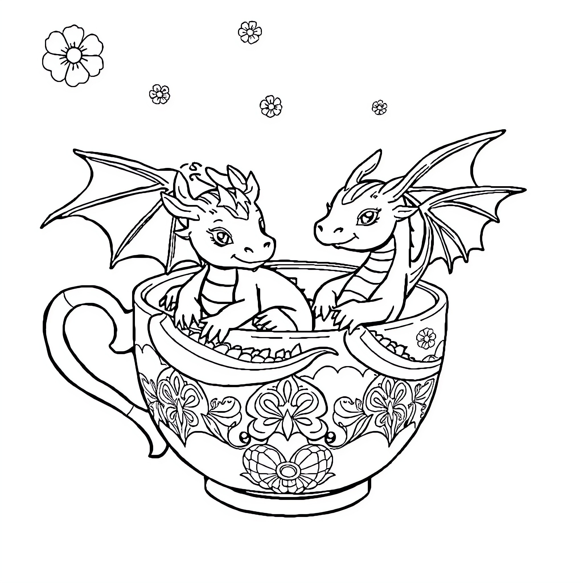 Dragon friends enjoying a cozy tea party Coloring Page (free black-and-white line drawing printable PDF for all, from beginners to advanced learners, including children, teens, adults, and seniors)