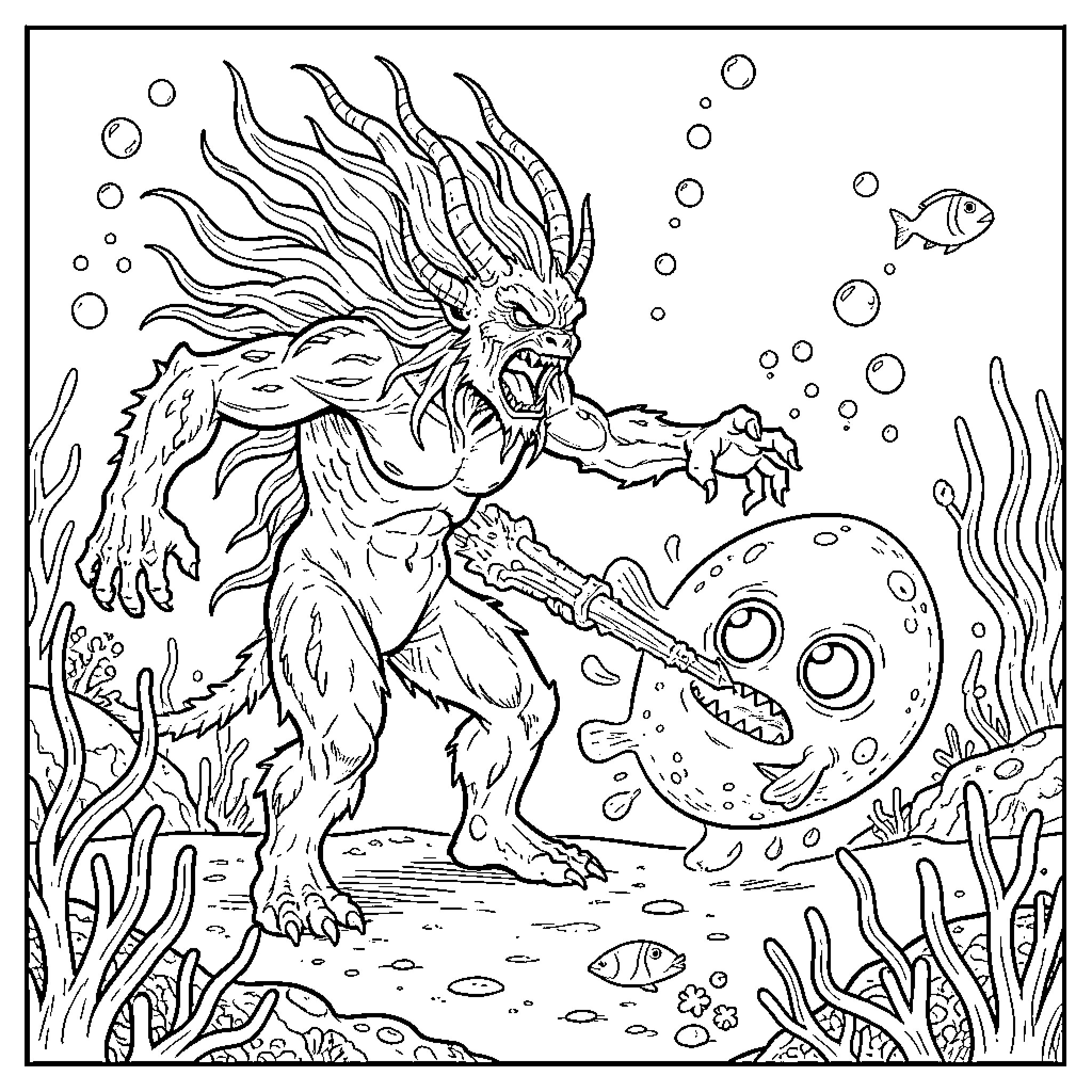 Monster roaring and reaching towards a small sea creature Coloring Page (free black-and-white line drawing printable PDF for all, from beginners to advanced learners, including children, teens, adults, and seniors)