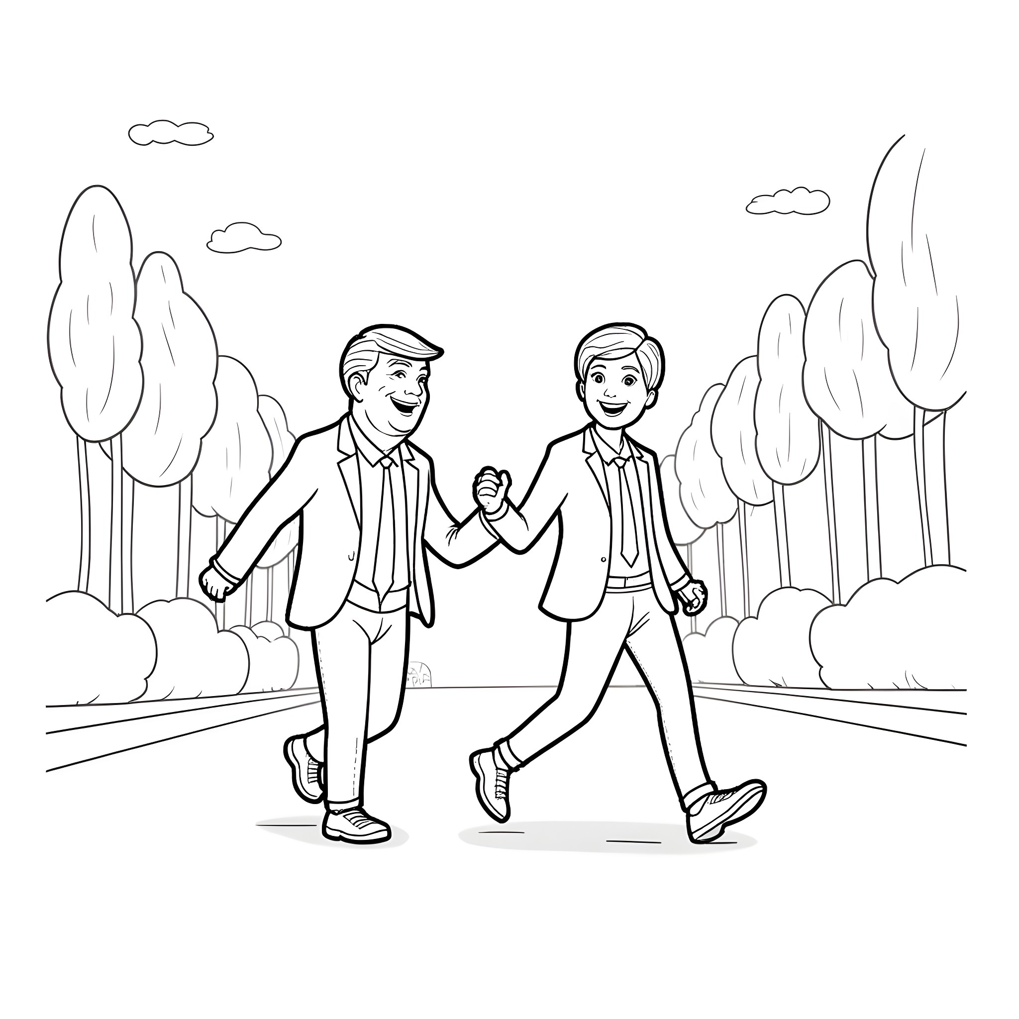 Trump and companion walking happily together in nature Coloring Page (free black-and-white line drawing printable PDF for all, from beginners to advanced learners, including children, teens, adults, and seniors)
