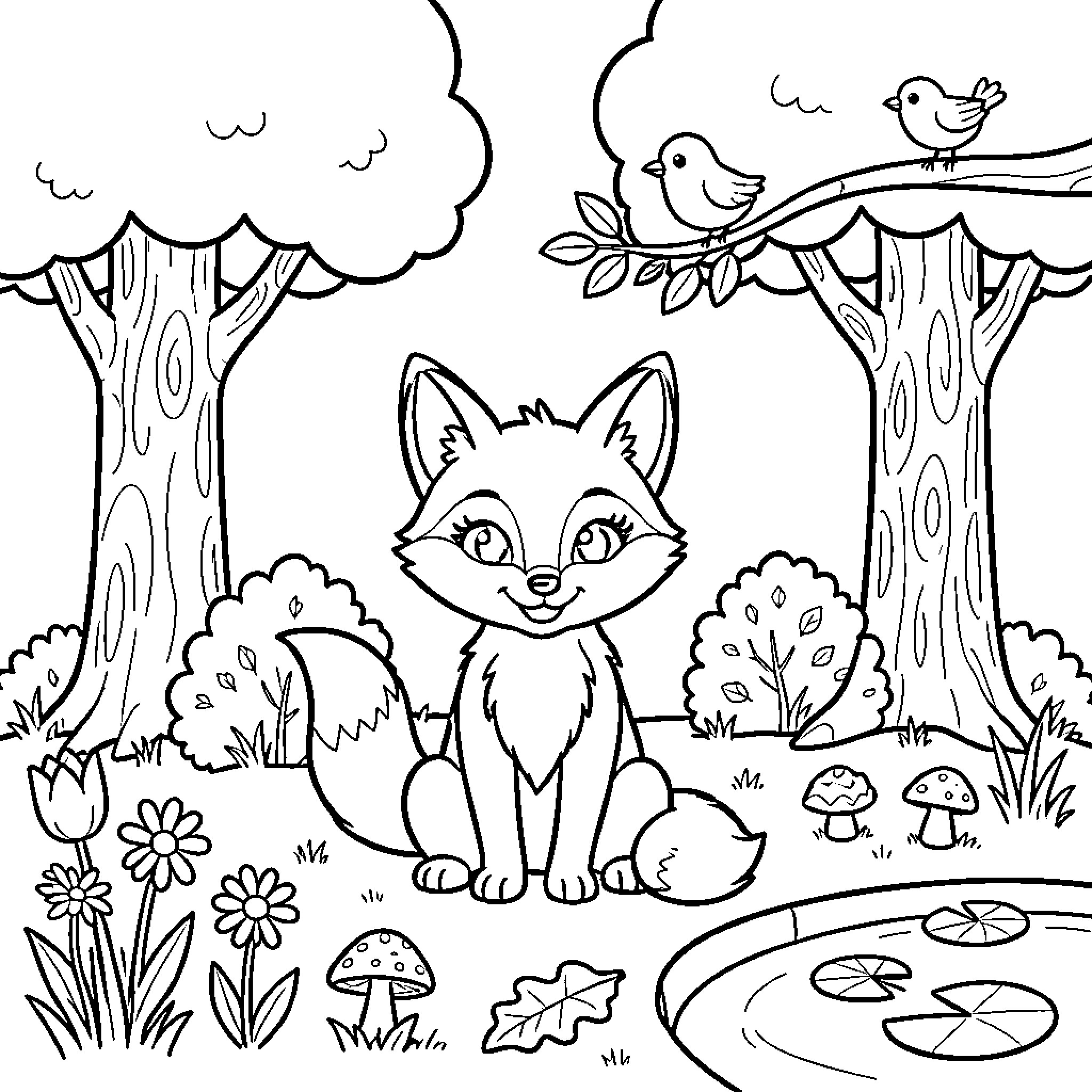 Fox sitting peacefully in a forest with birds Coloring Page (free black-and-white line drawing printable PDF for all, from beginners to advanced learners, including children, teens, adults, and seniors)