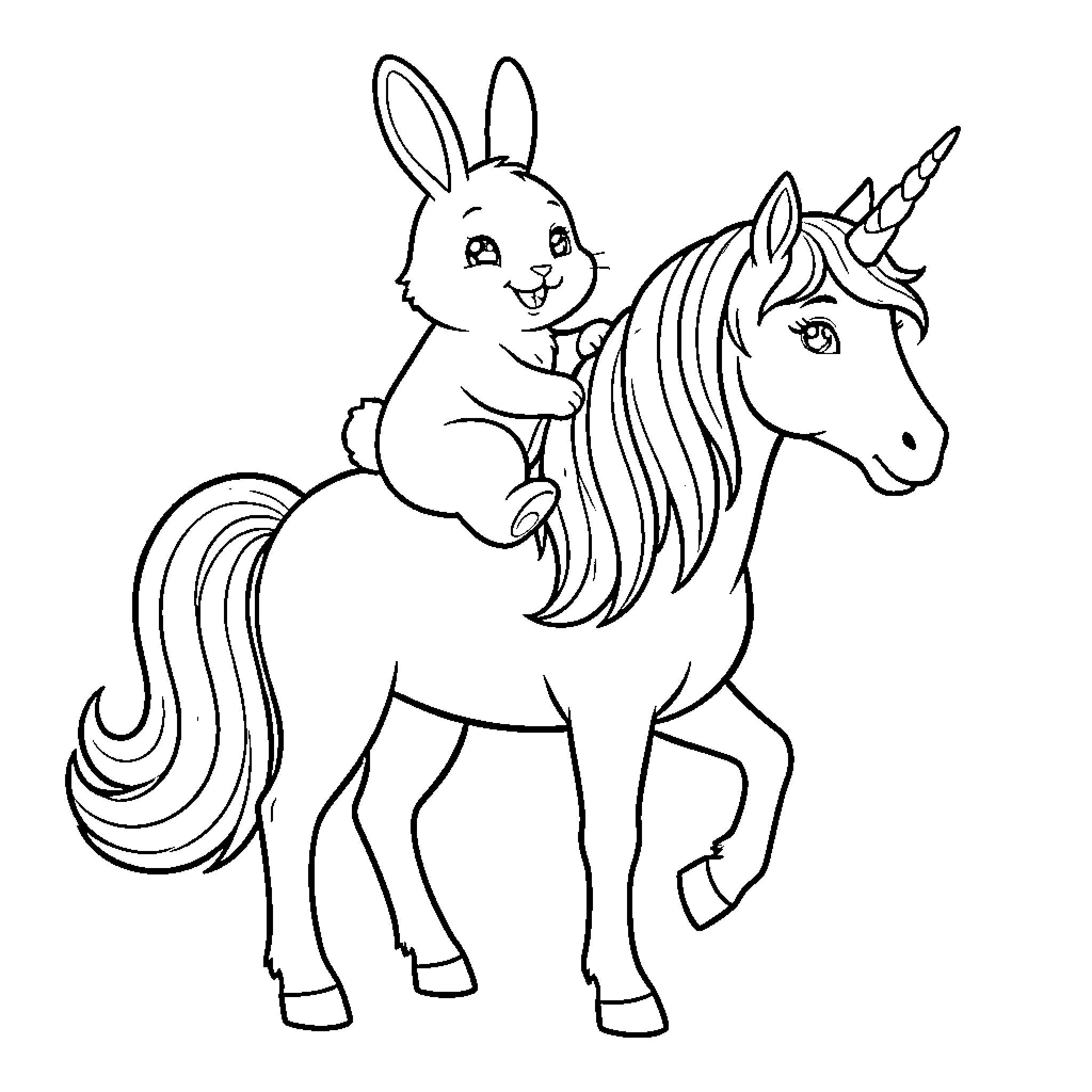 Easter Bunny riding a unicorn Coloring Page (free black-and-white line drawing printable PDF for all, from beginners to advanced learners, including children, teens, adults, and seniors)
