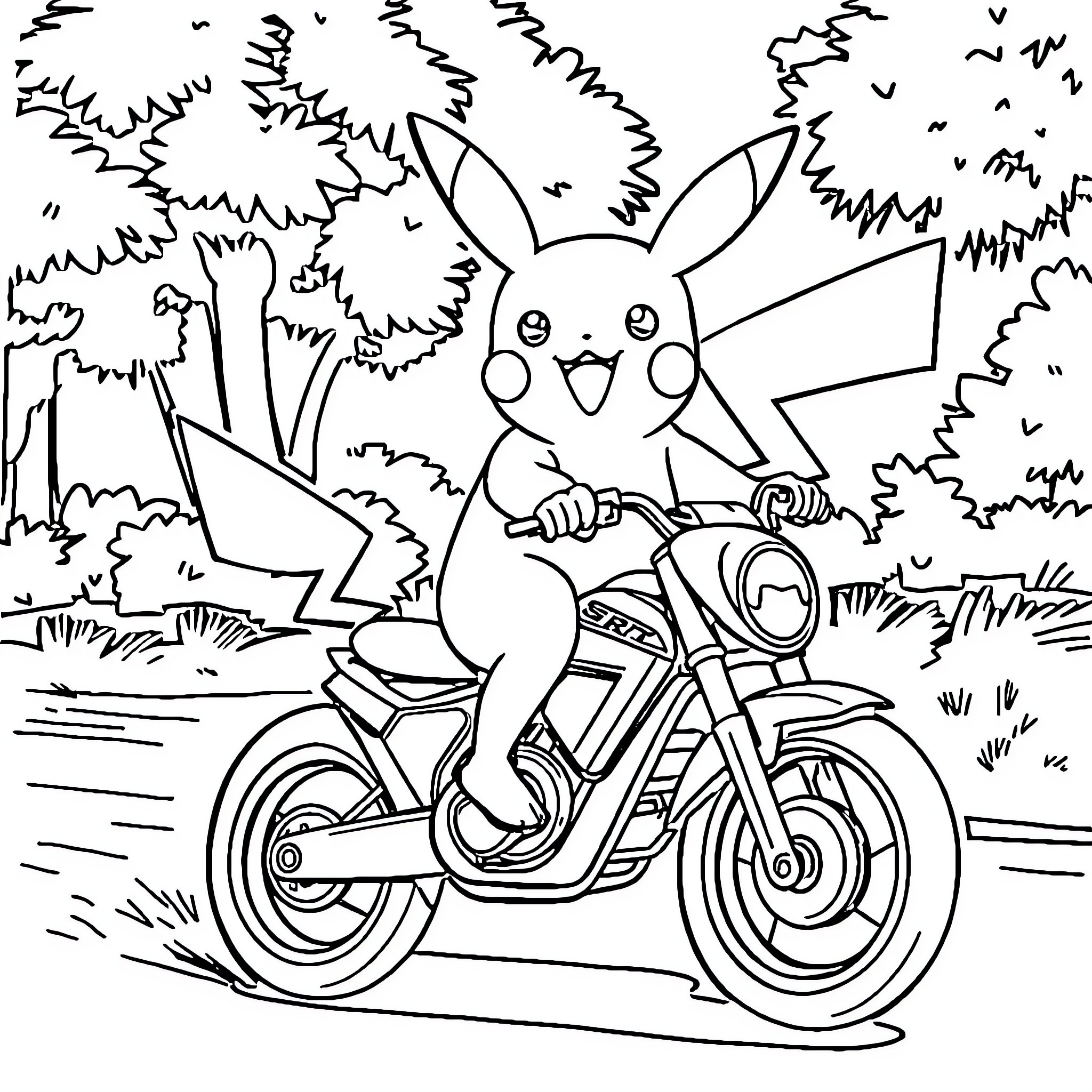 Pikachu riding a motorcycle in the forest Coloring Page (free black-and-white line drawing printable PDF for all, from beginners to advanced learners, including children, teens, adults, and seniors)