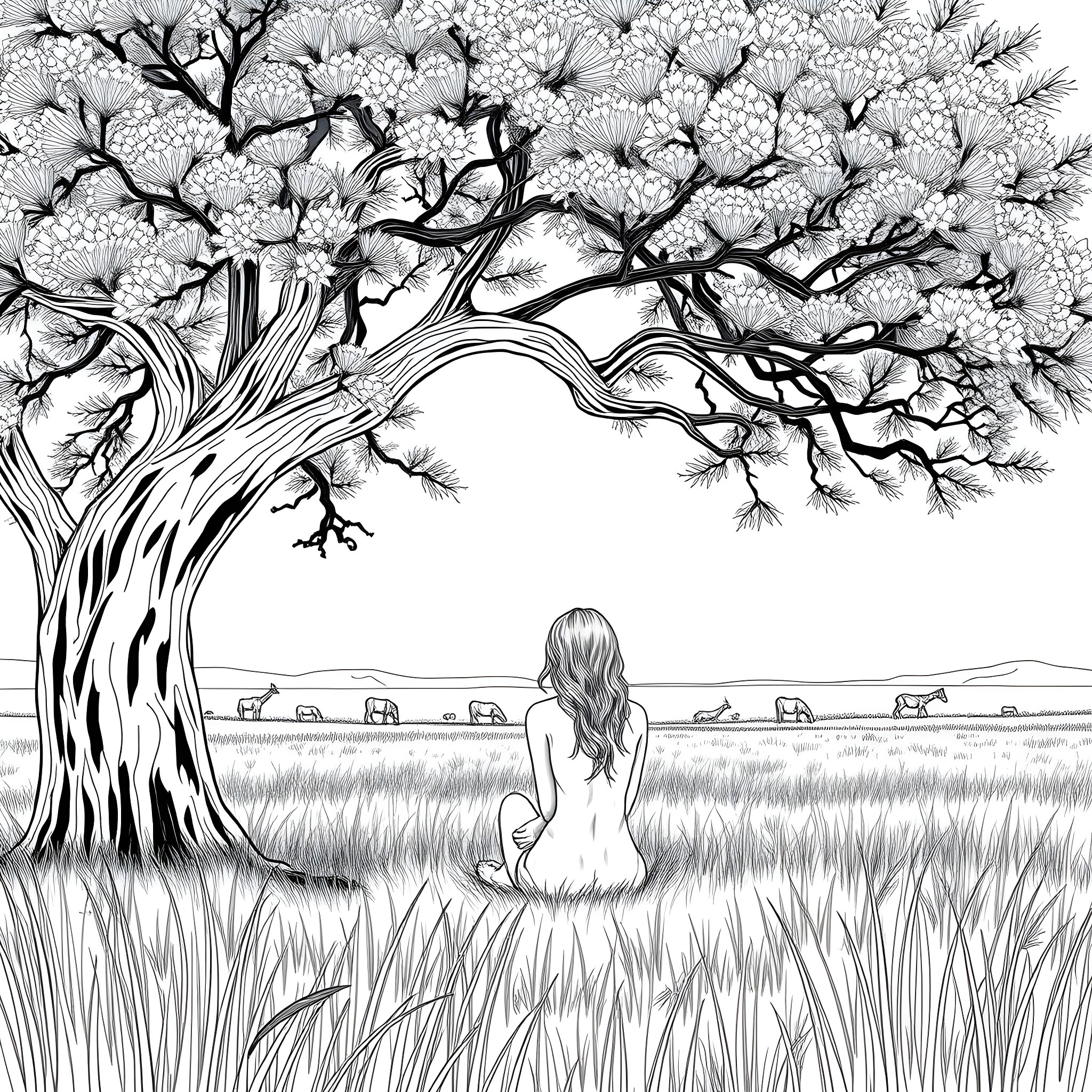 Taylor Swift enjoying the serene nature landscape Coloring Page (free black-and-white line drawing printable PDF for all, from beginners to advanced learners, including children, teens, adults, and seniors)