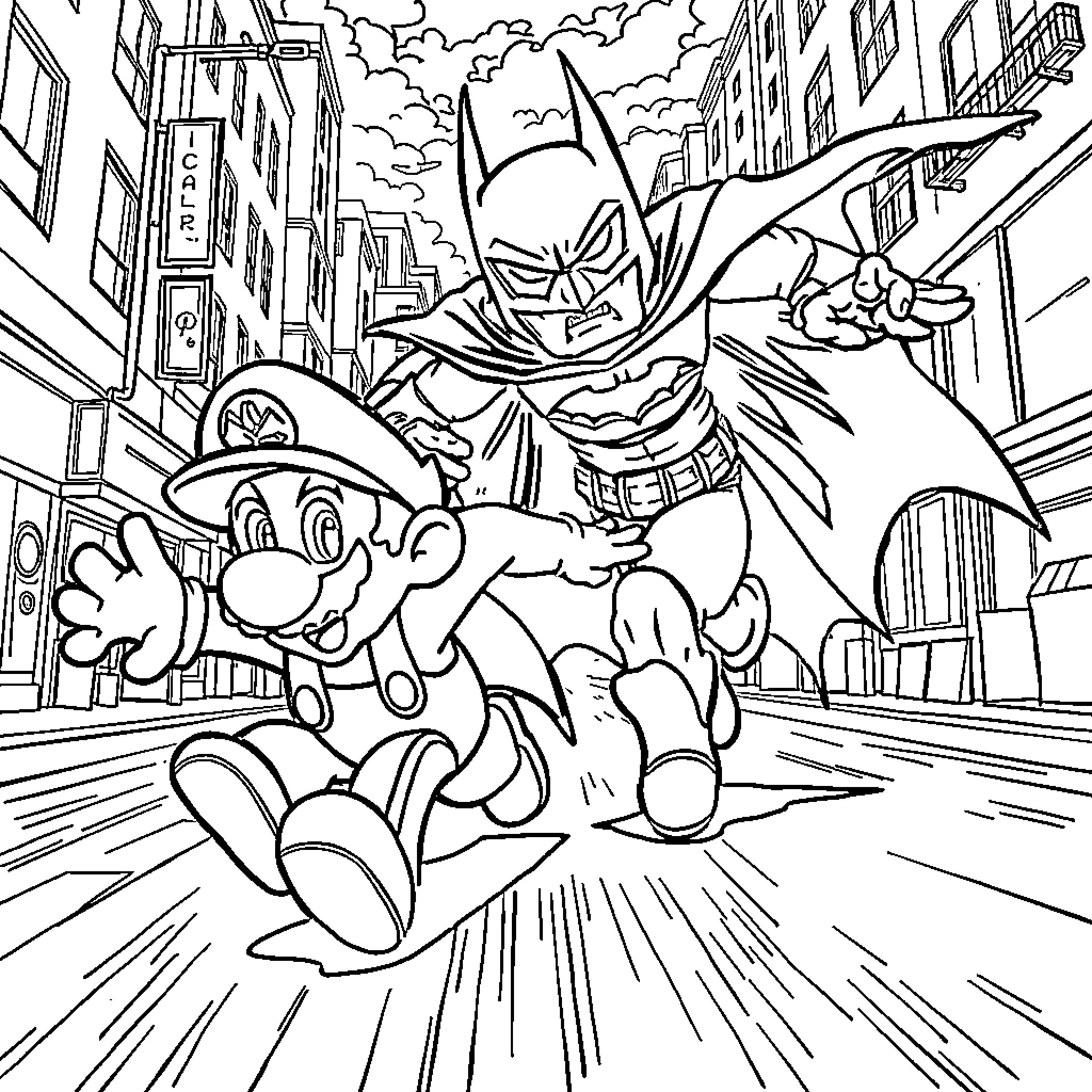 Super Mario and Batman Team Up in City Adventure Coloring Page (free black-and-white line drawing printable PDF for all, from beginners to advanced learners, including children, teens, adults, and seniors)