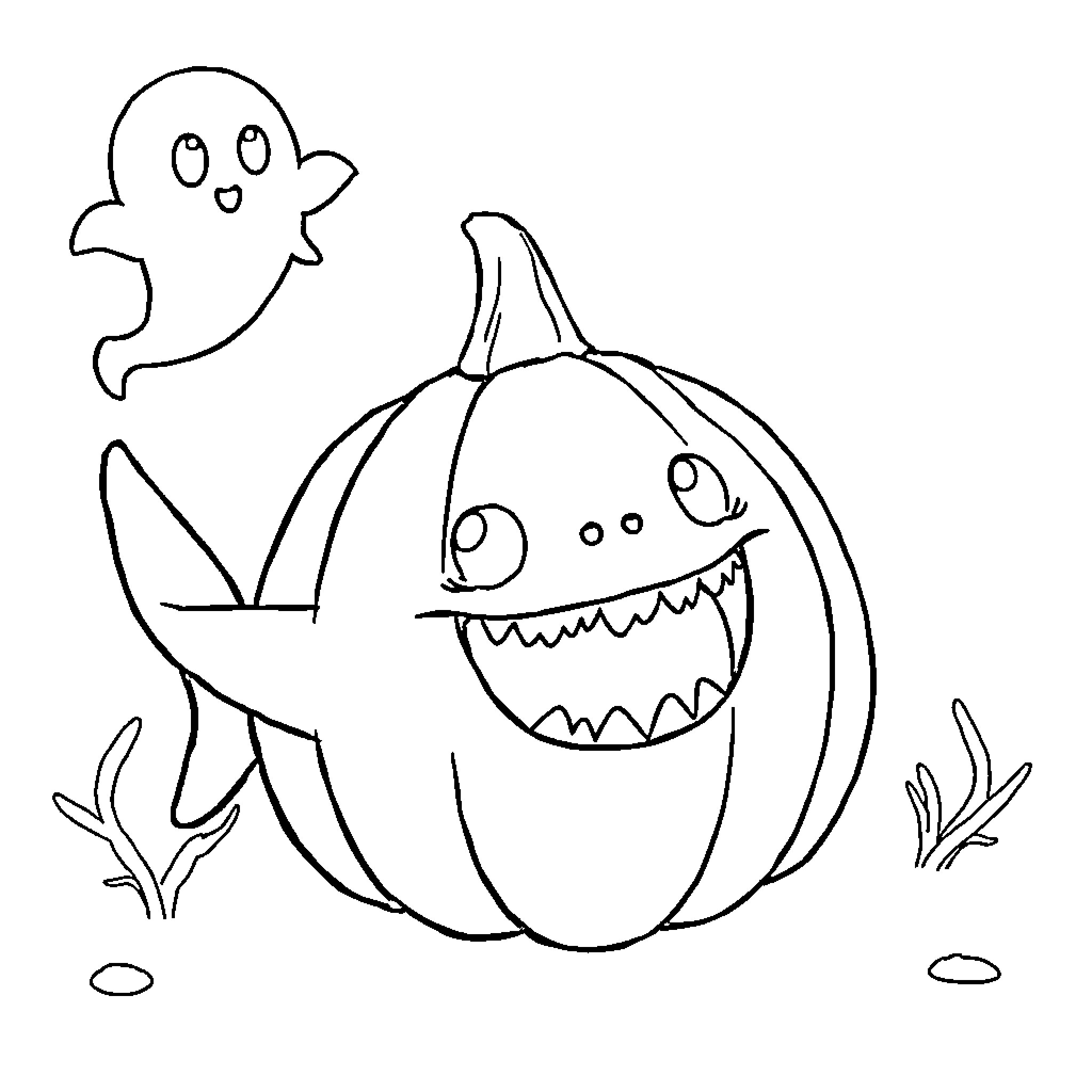 Shark-themed Halloween scene with pumpkin and ghost Coloring Page (free black-and-white line drawing printable PDF for all, from beginners to advanced learners, including children, teens, adults, and seniors)