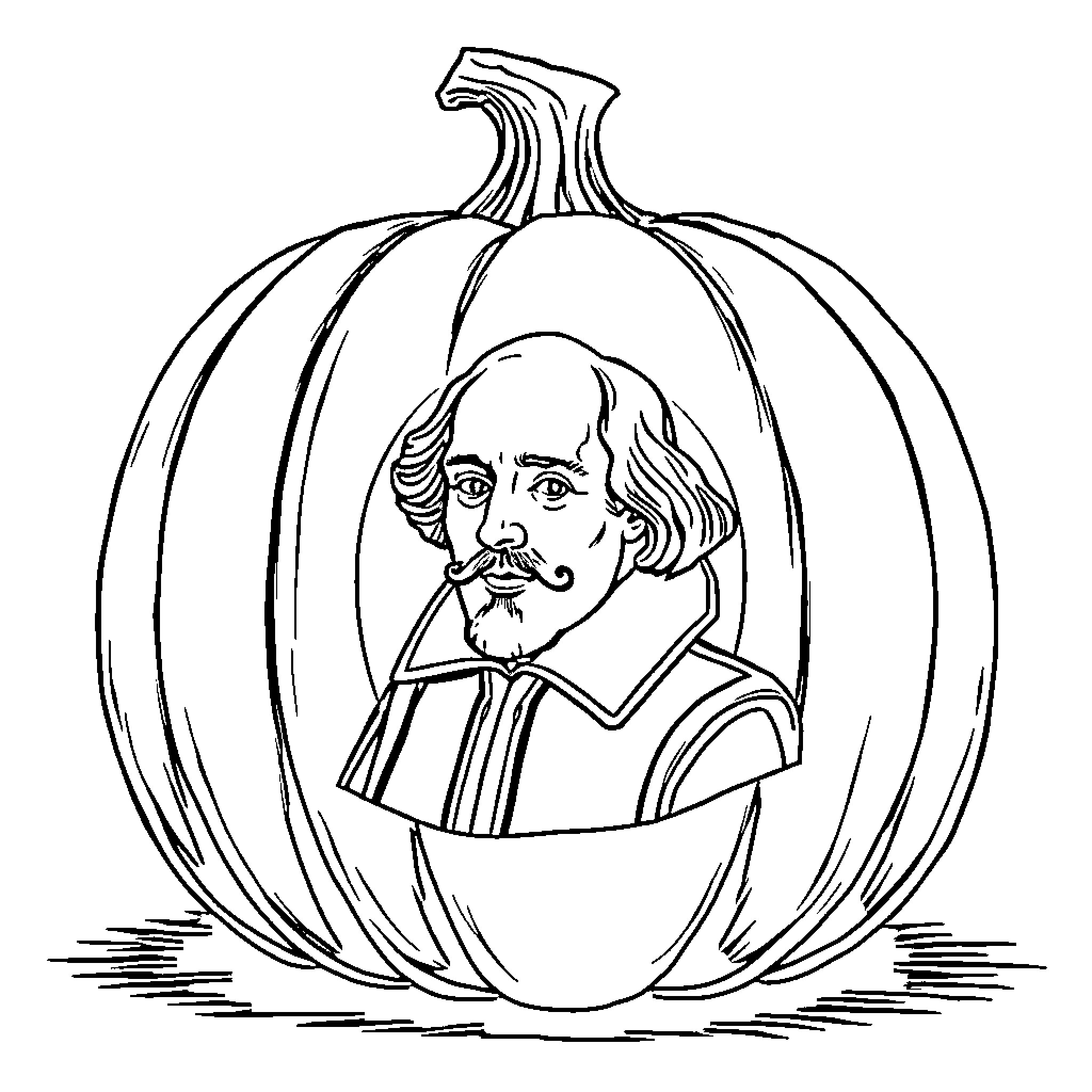 Pumpkin with a portrait of a mustachioed man Coloring Page (free black-and-white line drawing printable PDF for all, from beginners to advanced learners, including children, teens, adults, and seniors)