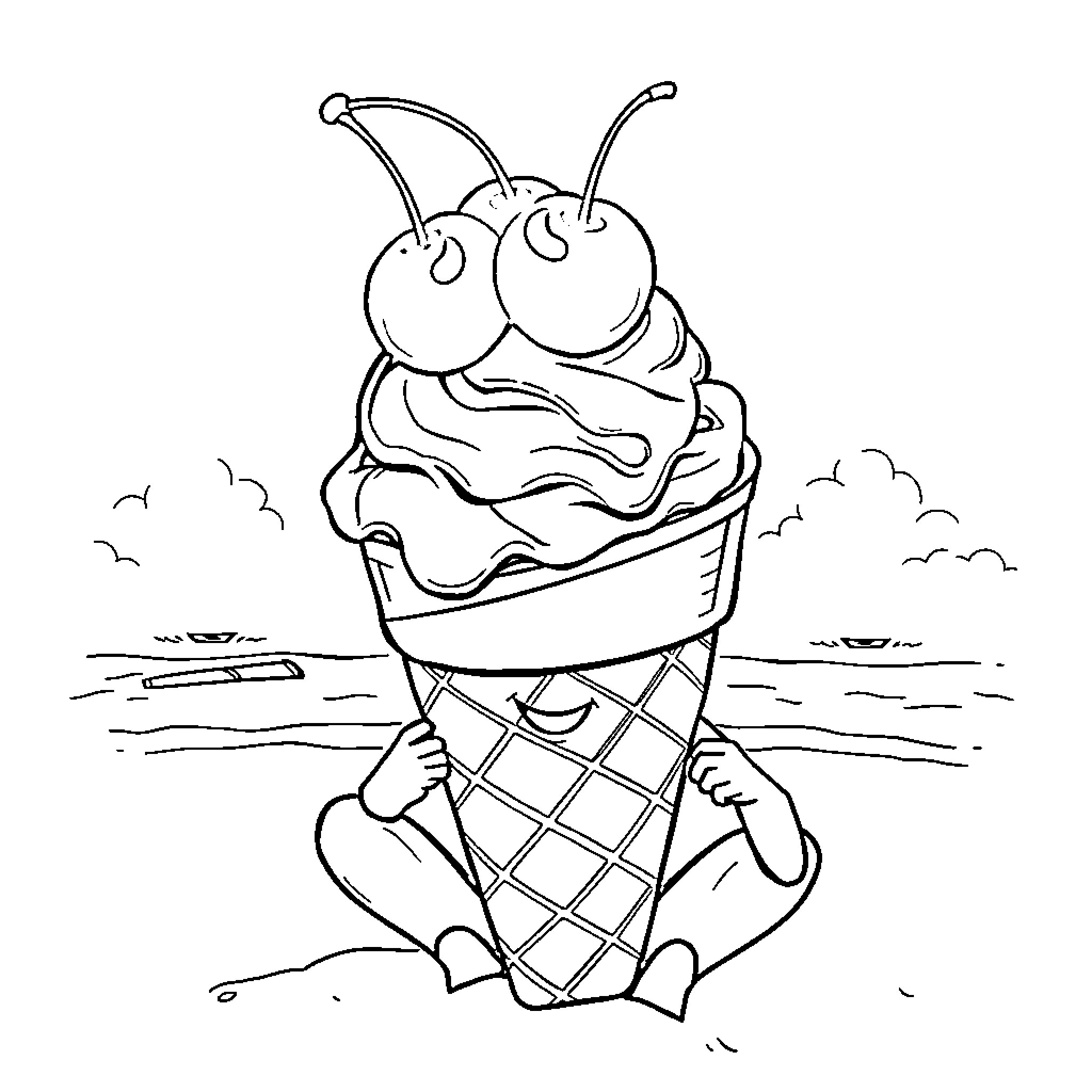 Ice Cream Cone with Silly Cherries Coloring Page (free black-and-white line drawing printable PDF for all, from beginners to advanced learners, including children, teens, adults, and seniors)