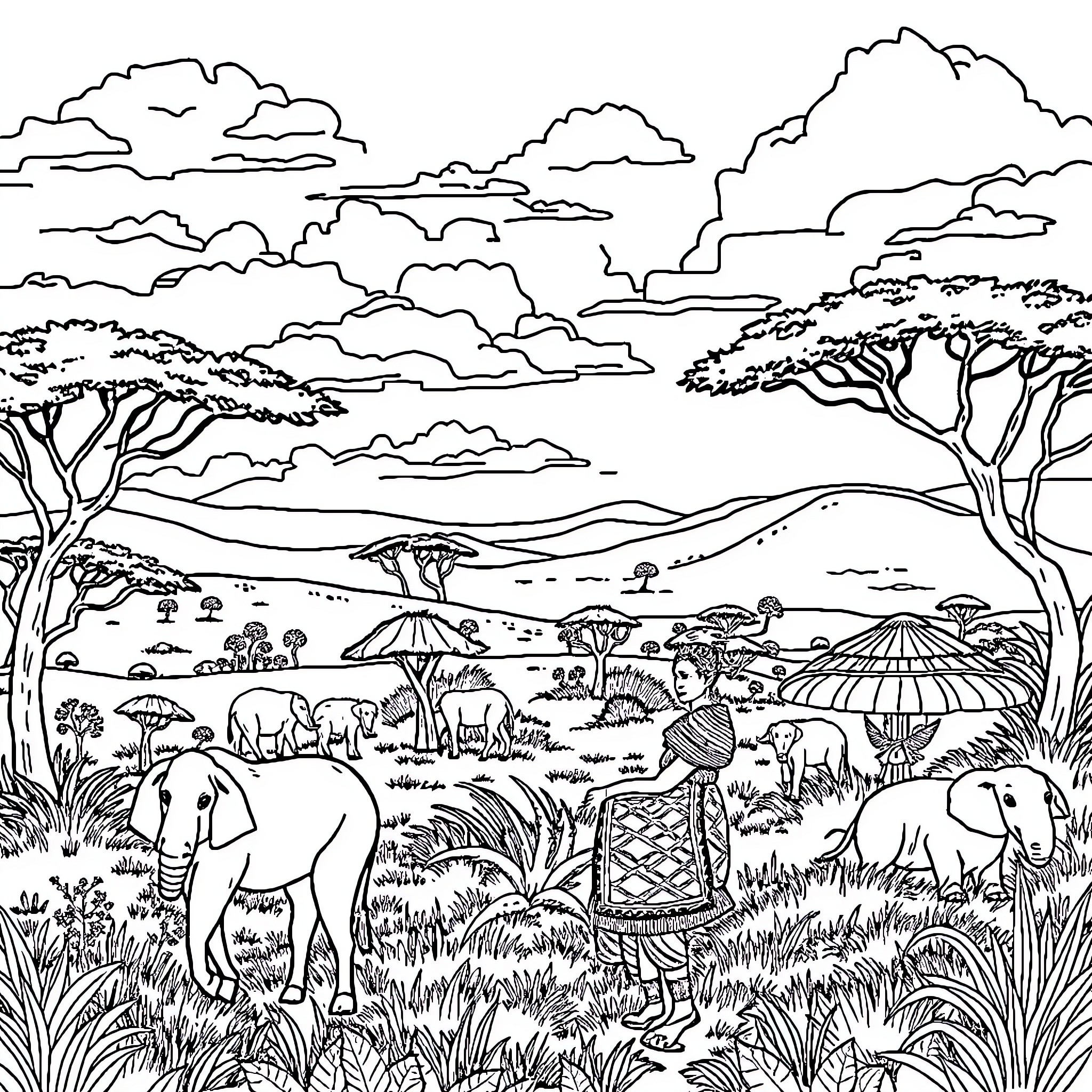 African Tribal Scene with Elephants and Nature Coloring Page (free black-and-white line drawing printable PDF for all, from beginners to advanced learners, including children, teens, adults, and seniors)