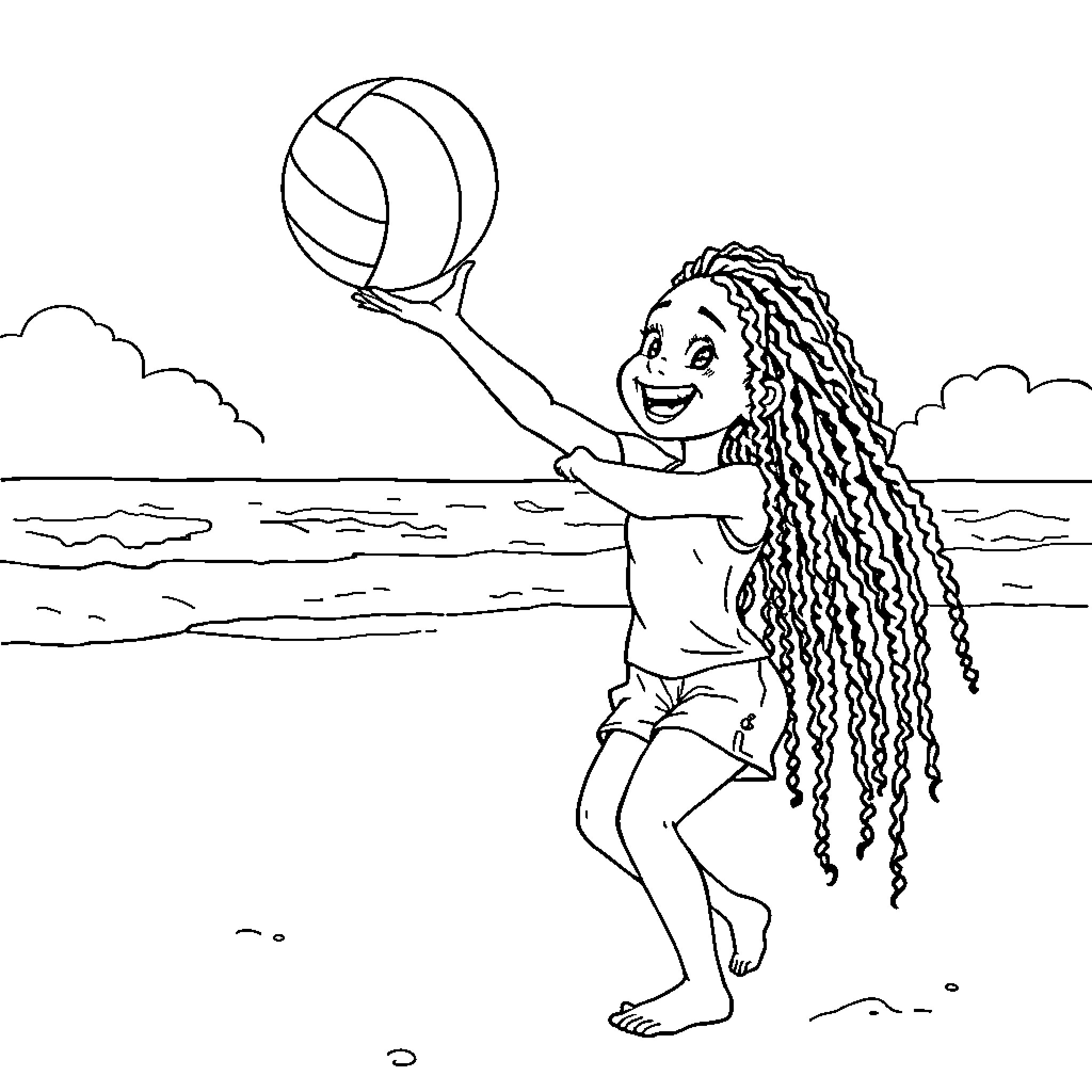 Girl playing joyfully with beach ball in the ocean Coloring Page (free black-and-white line drawing printable PDF for all, from beginners to advanced learners, including children, teens, adults, and seniors)