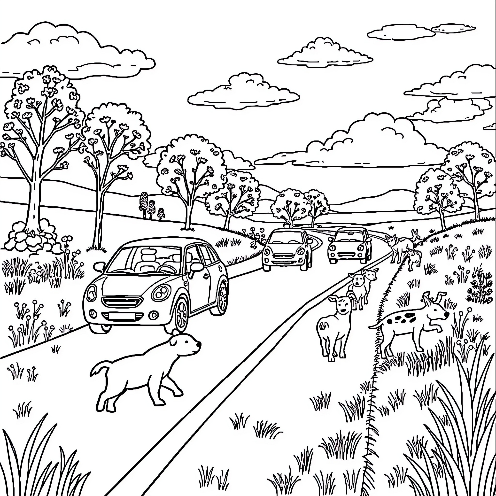 Cars driving on a winding road through the countryside Coloring Page (free black-and-white line drawing printable PDF for all, from beginners to advanced learners, including children, teens, adults, and seniors)