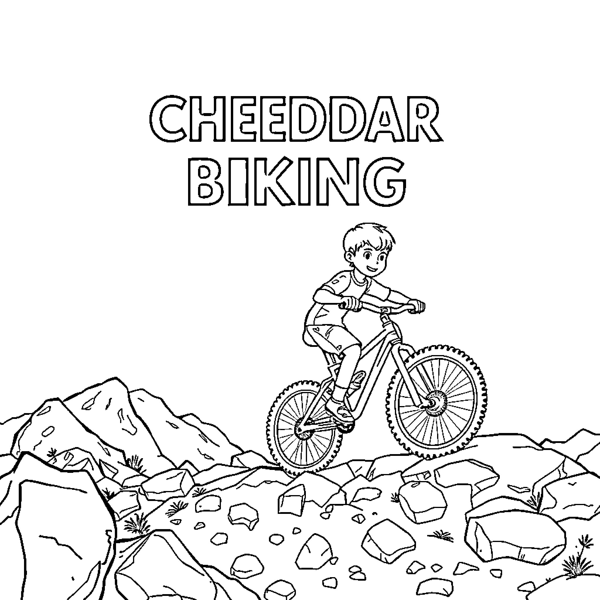 Boy riding bike on rocky terrain Coloring Page (free black-and-white line drawing printable PDF for all, from beginners to advanced learners, including children, teens, adults, and seniors)