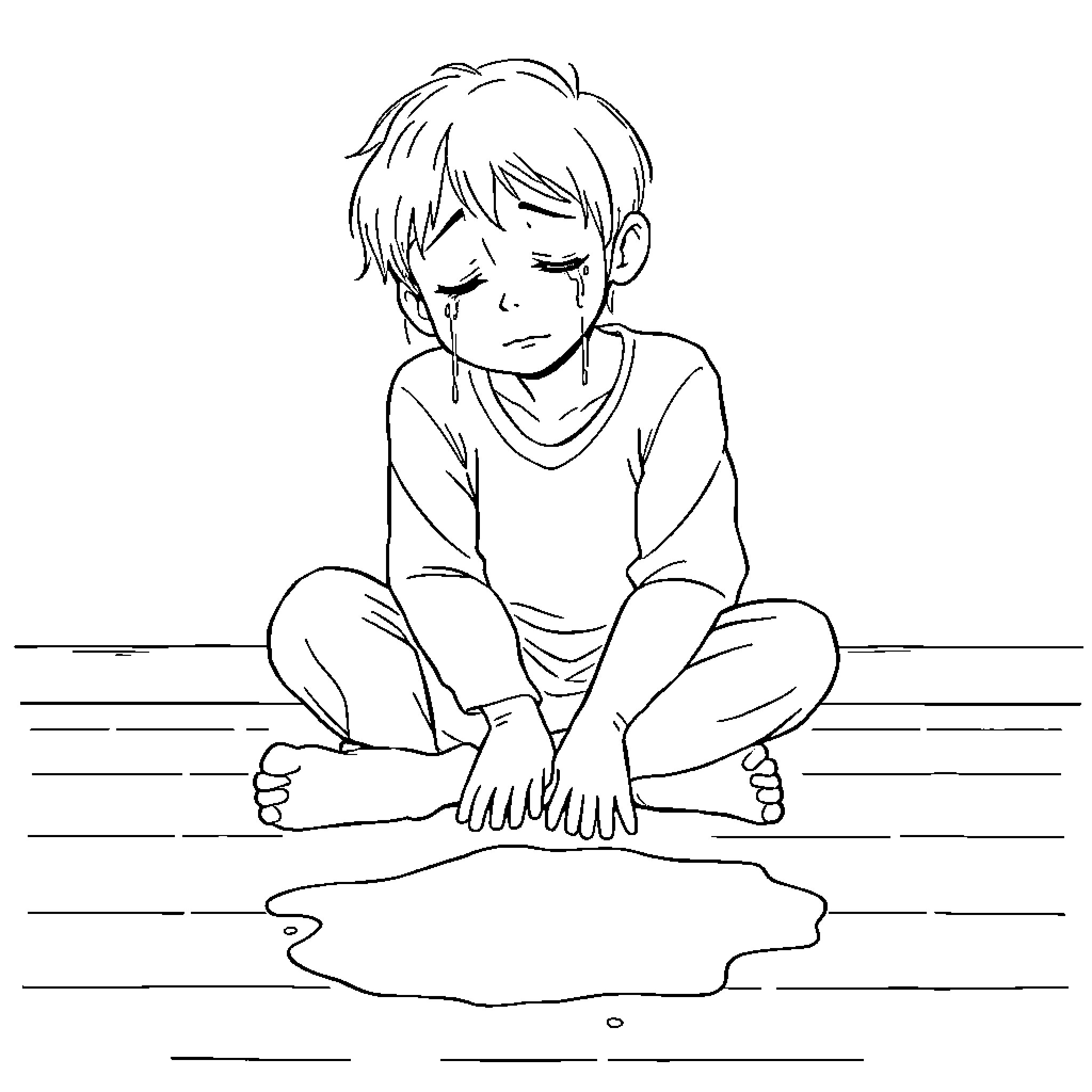 Milk Puddle and Pensive Boy Coloring Page (free black-and-white line drawing printable PDF for all, from beginners to advanced learners, including children, teens, adults, and seniors)