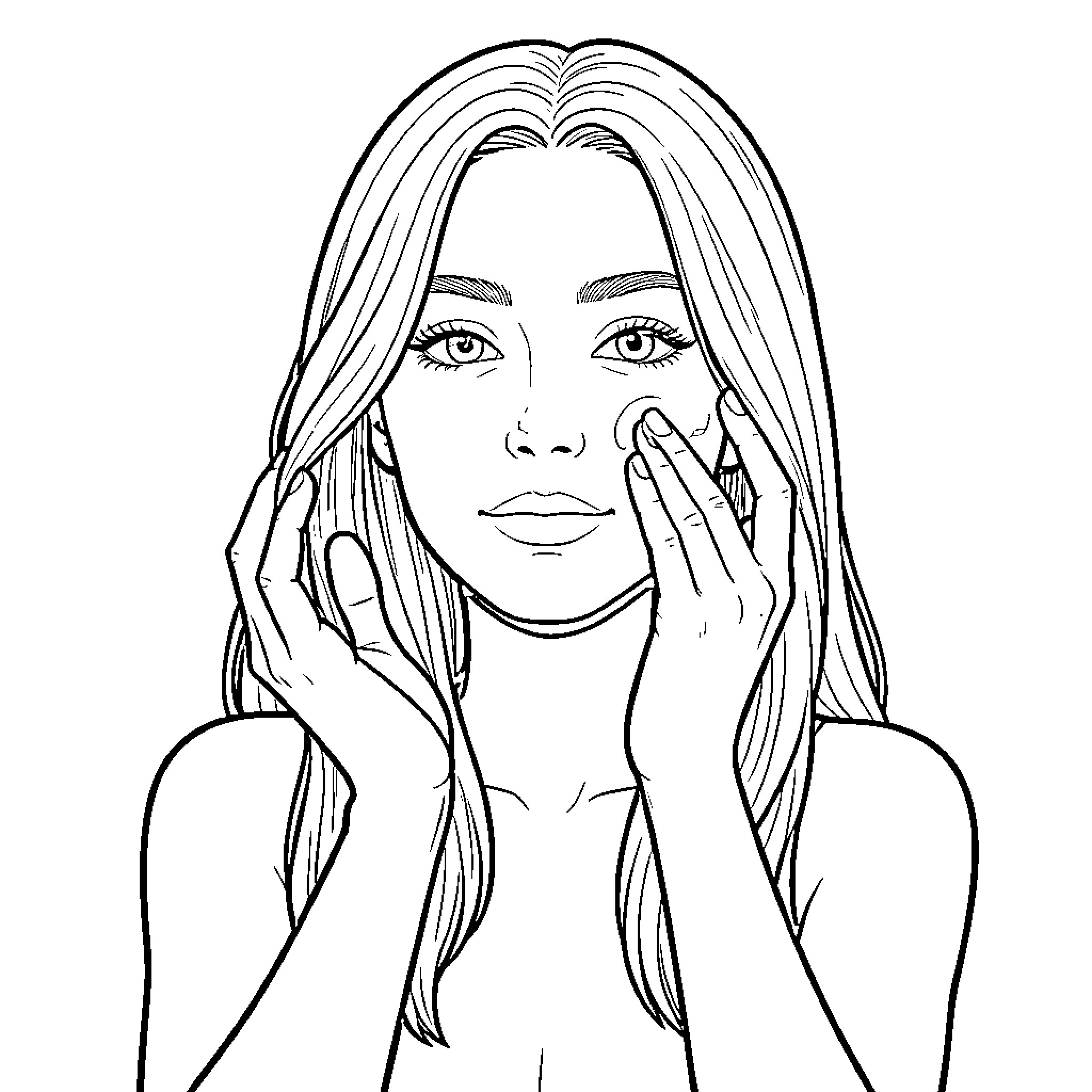Chica with thoughtful expression and long hair Coloring Page (free black-and-white line drawing printable PDF for all, from beginners to advanced learners, including children, teens, adults, and seniors)